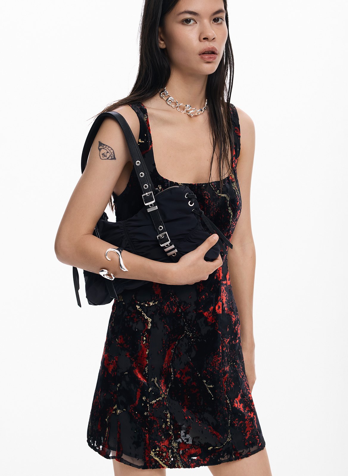 Robe courte col carré imprimée DESIGUAL Noir