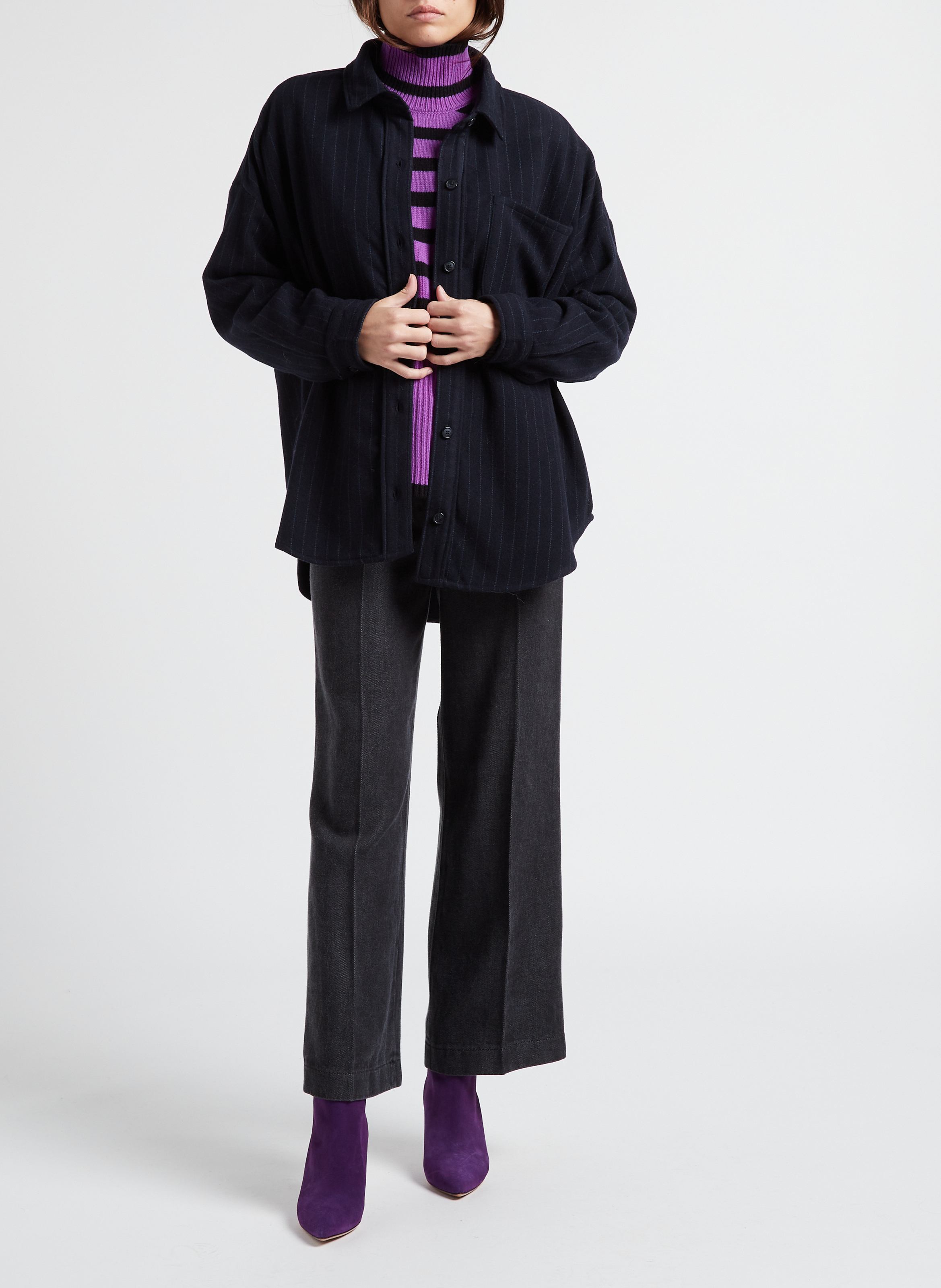 Hemdjacke aus Wollmix mit klassischem Kragen und Streifen BELLEPIECE Blau