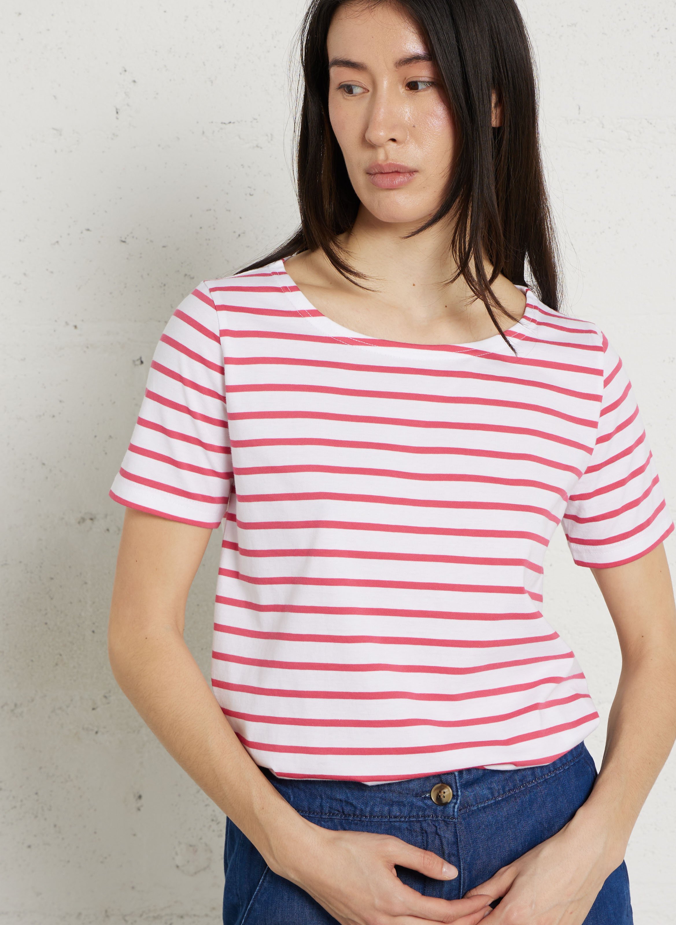 Tee-shirt col rond à rayures en coton ARMOR LUX Blanc