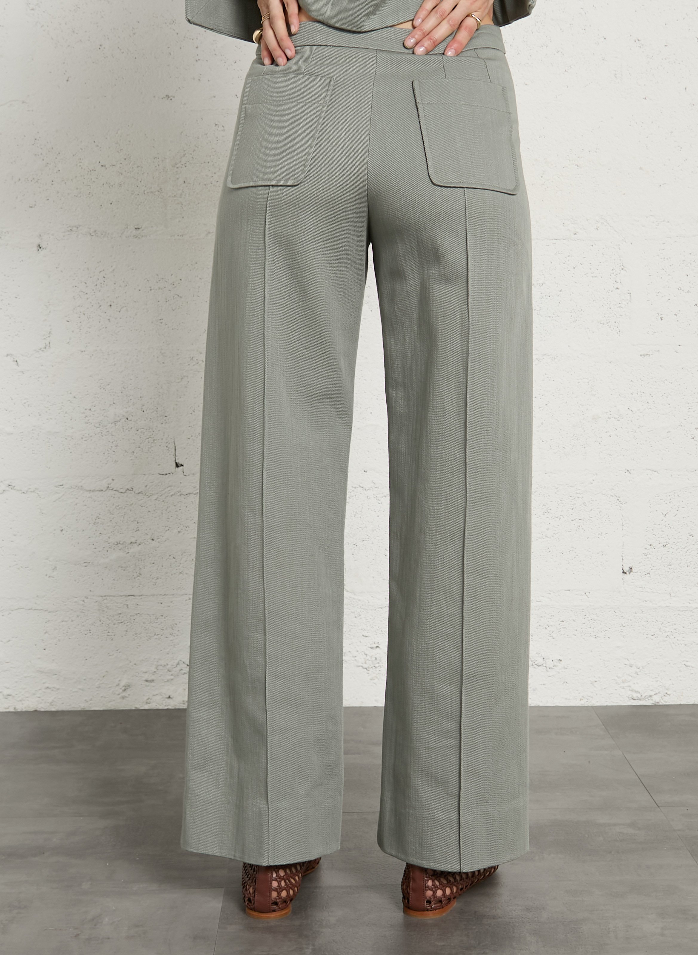 High-waisted wide-leg cotton twill pants SOEUR Green