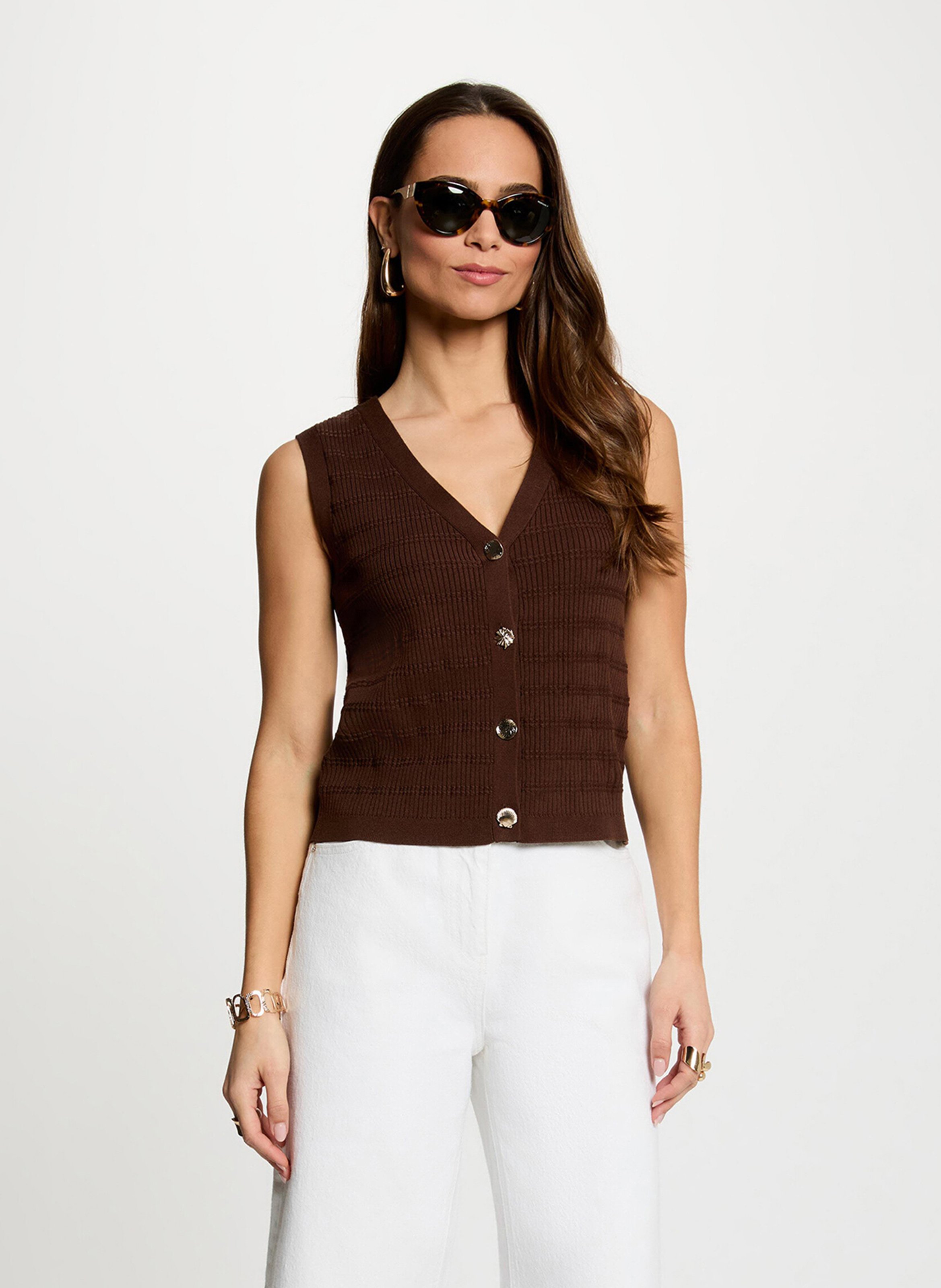 Gilet sans manches col V en maille recyclée MORGAN Marron