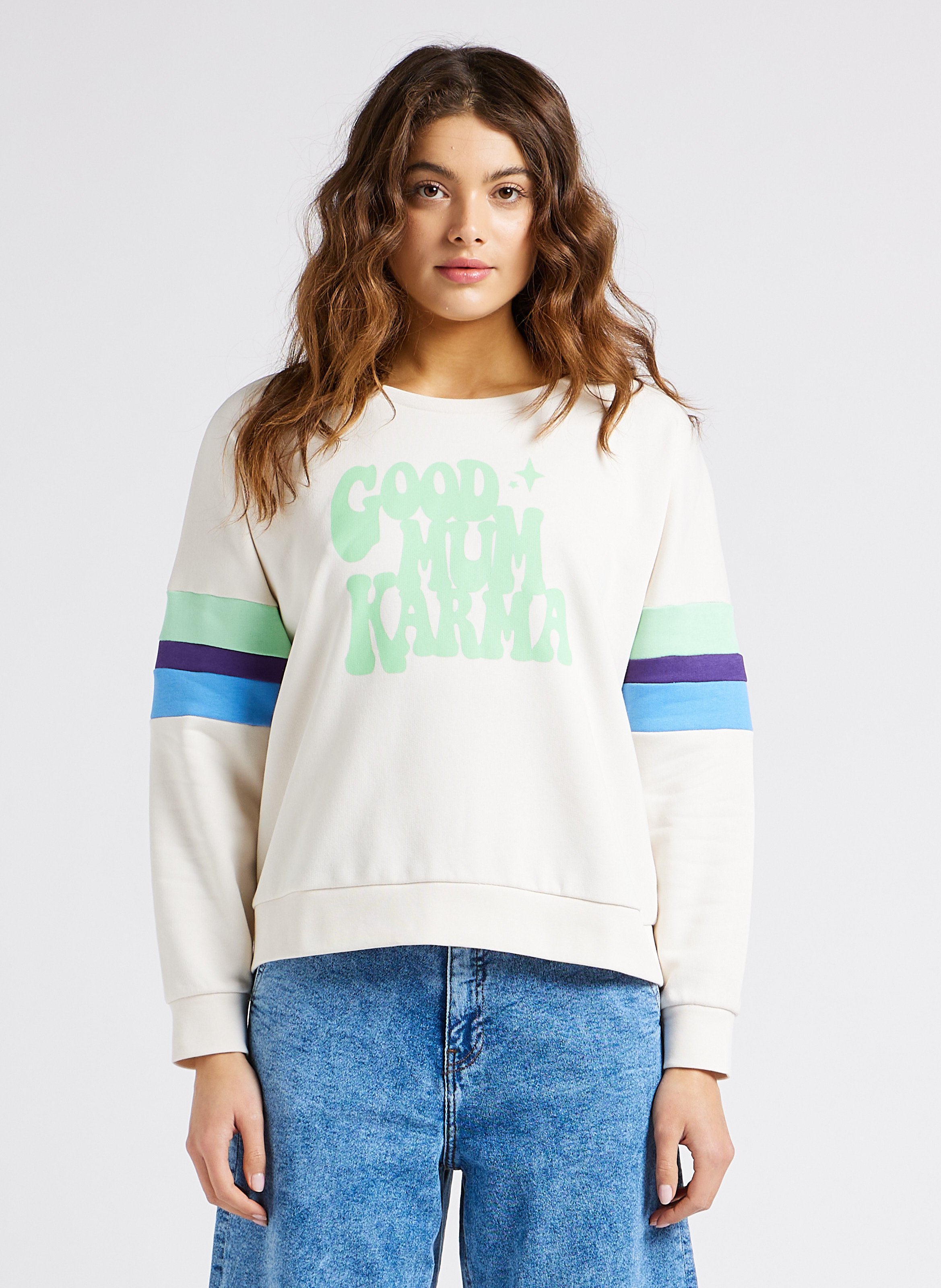 Round-neck Cotton Sweatshirt With Screen Print Beige Clair One Step - Women  | Place des Tendances