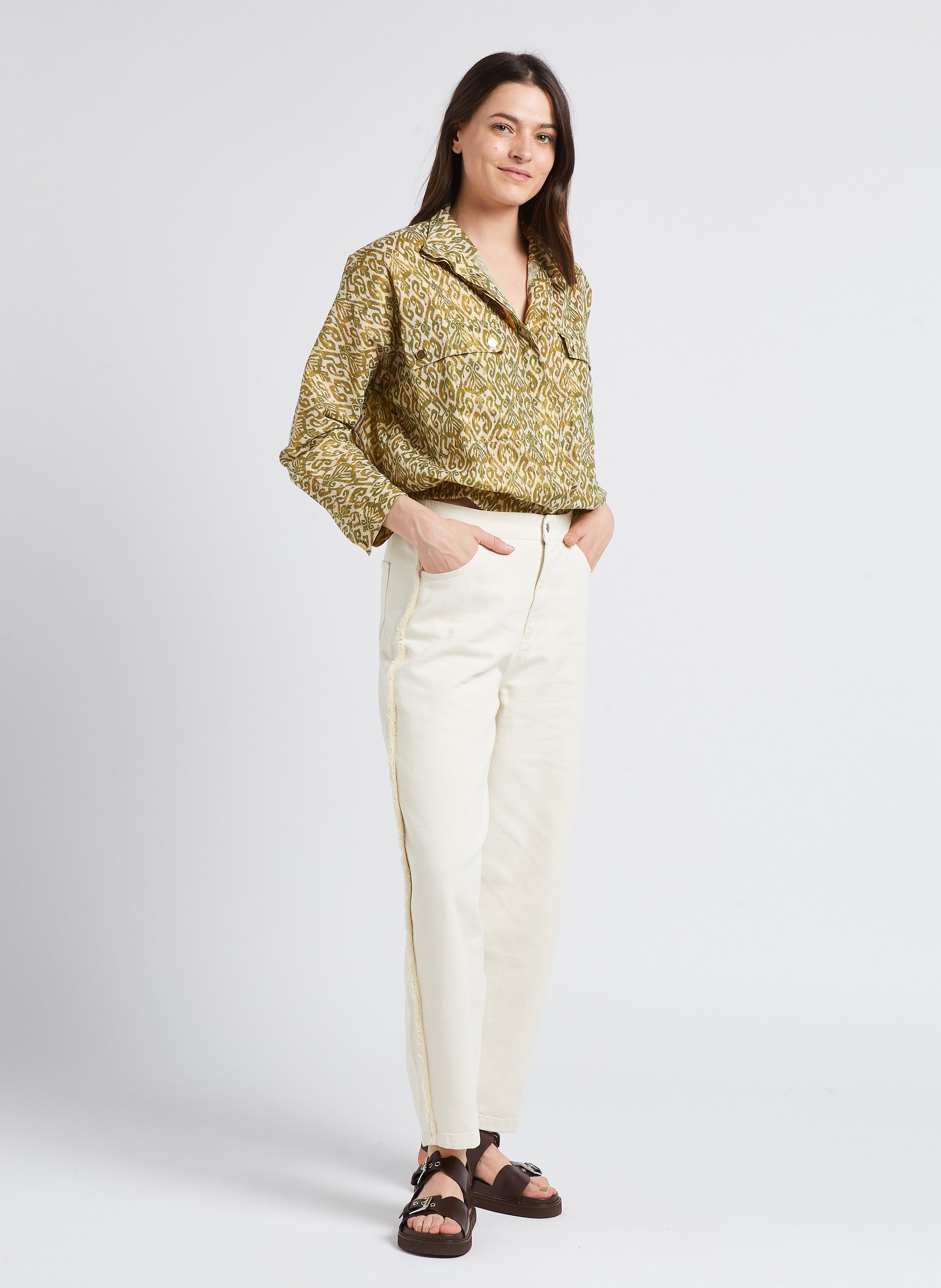 Veste droite imprimée à col montant en coton LA PETITE ETOILE Kaki