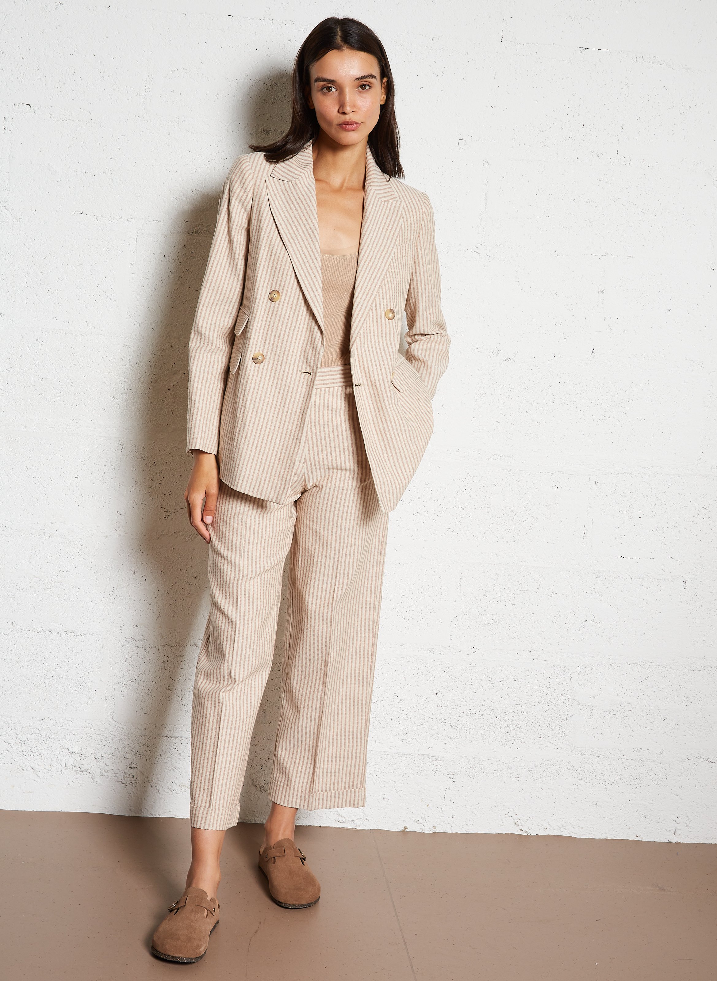 Pantalon rayé en coton et cachemire MOMONI Beige