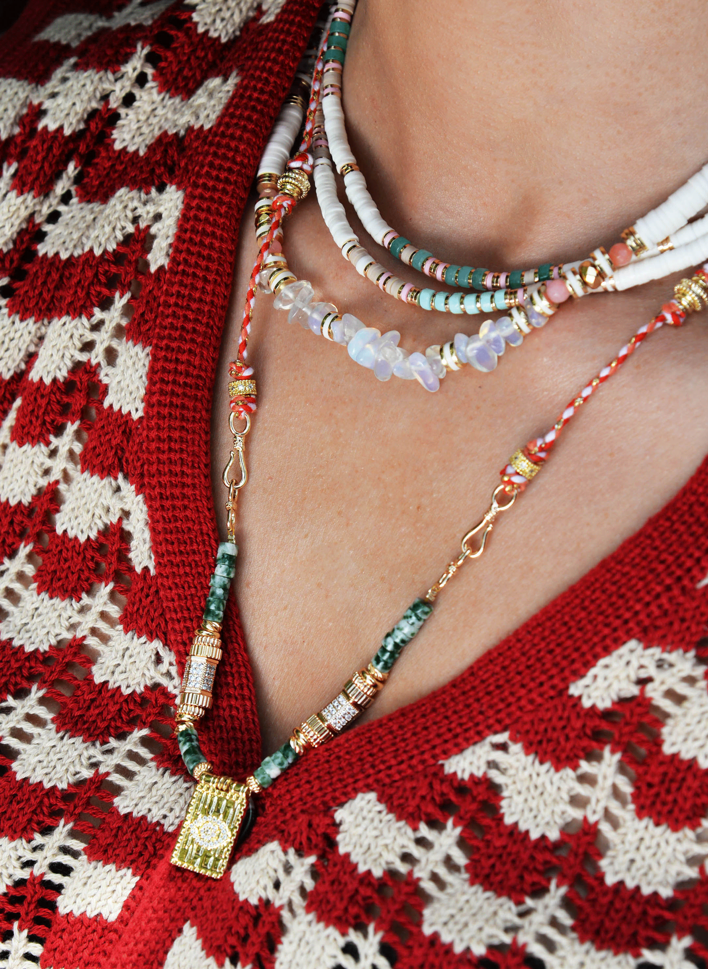 Long necklace with polyester cord and beads HIPANEMA Green