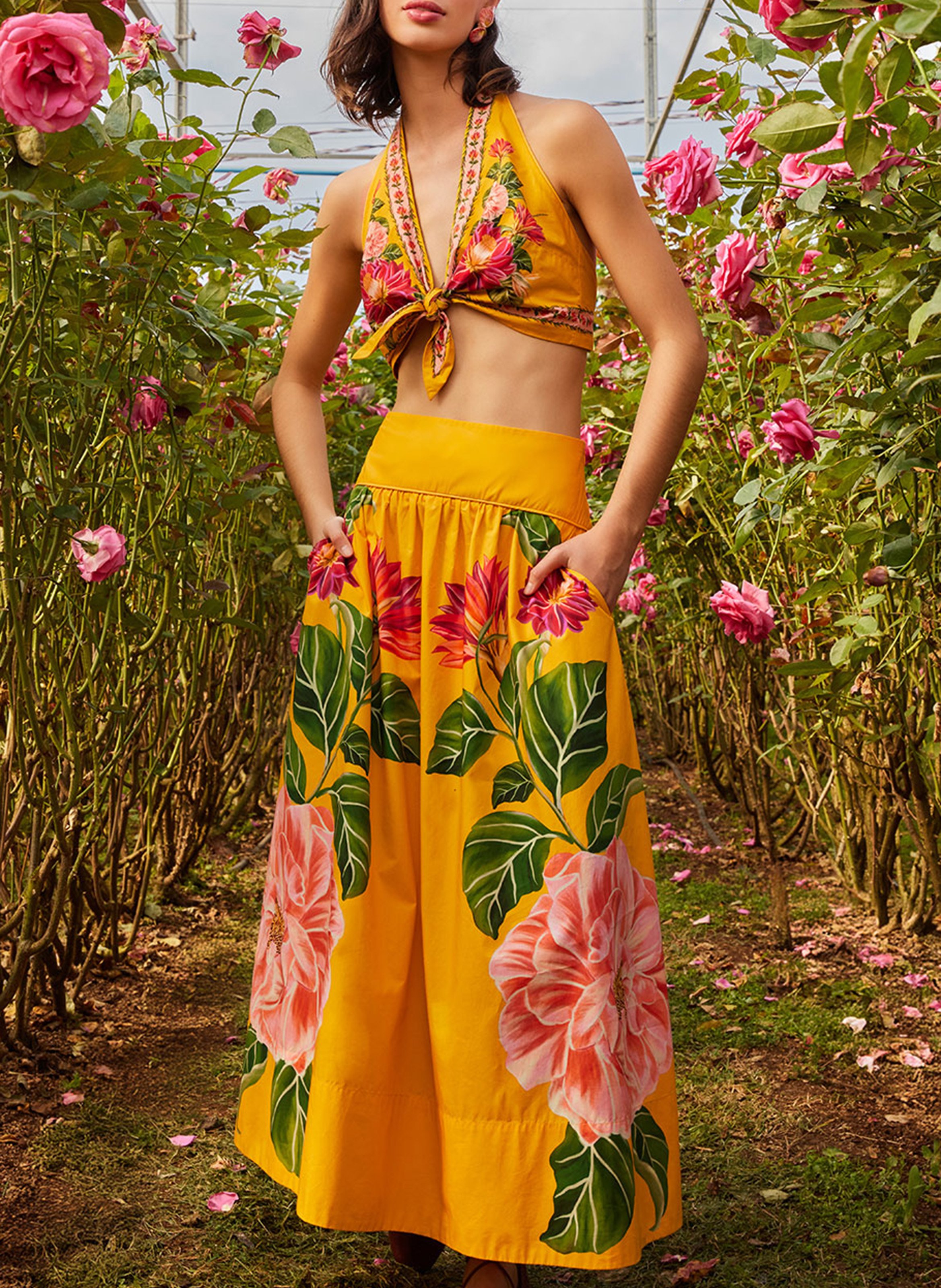 Floral print high-neck top FARM RIO Yellow