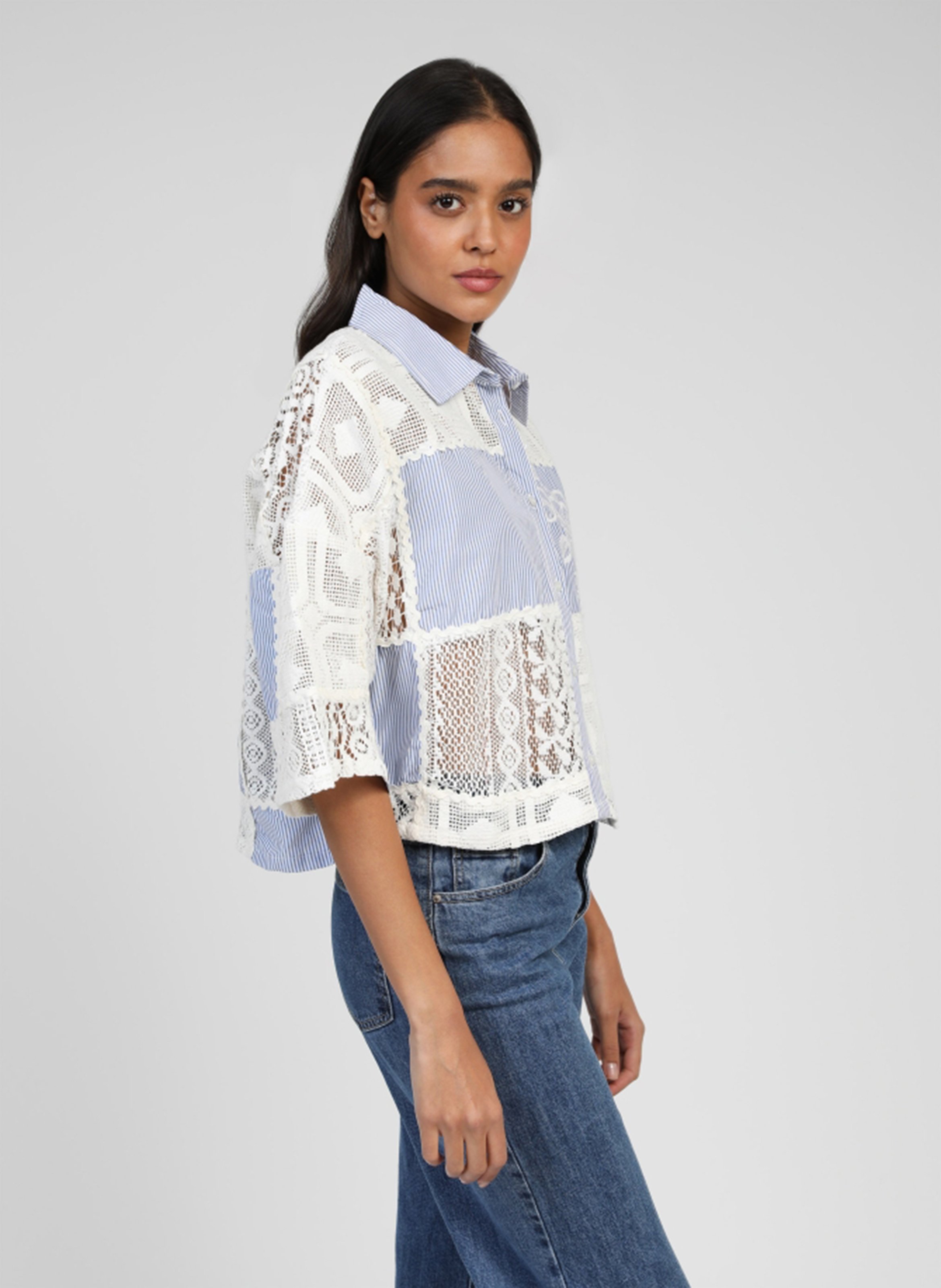 Cotton and linen shirt with classic collar AN'GE Blue