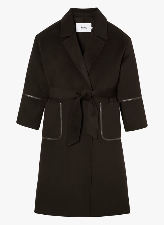 Manteau mi-Long ceinturé en laine mélangée Madi Chocolat Zapa