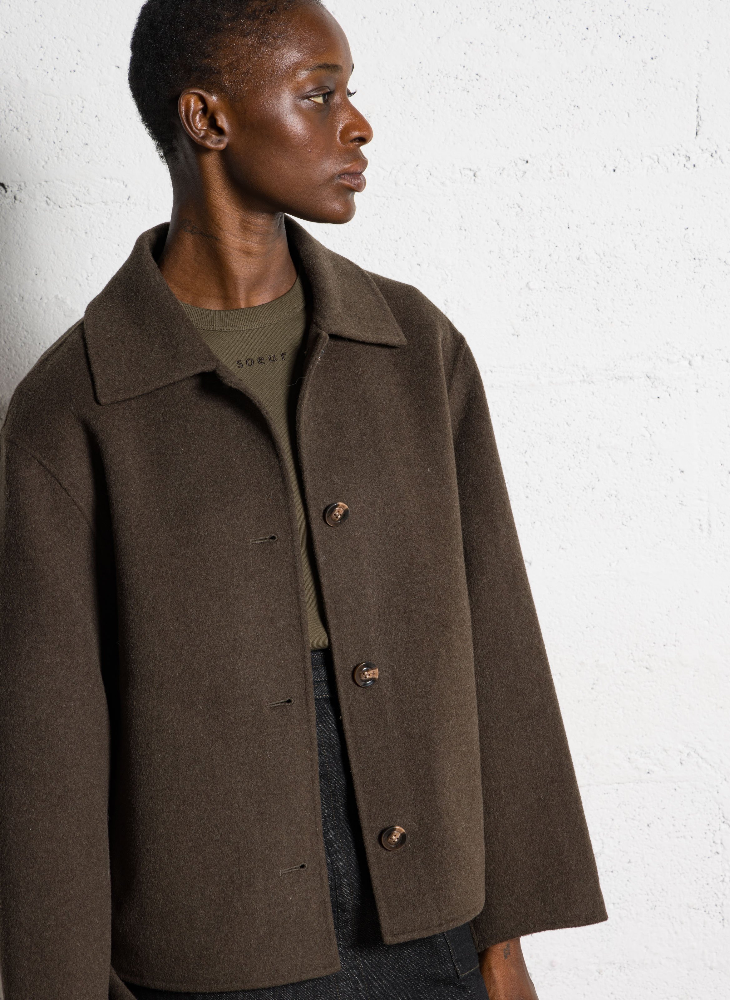 Manteau court en laine double face SOEUR Kaki