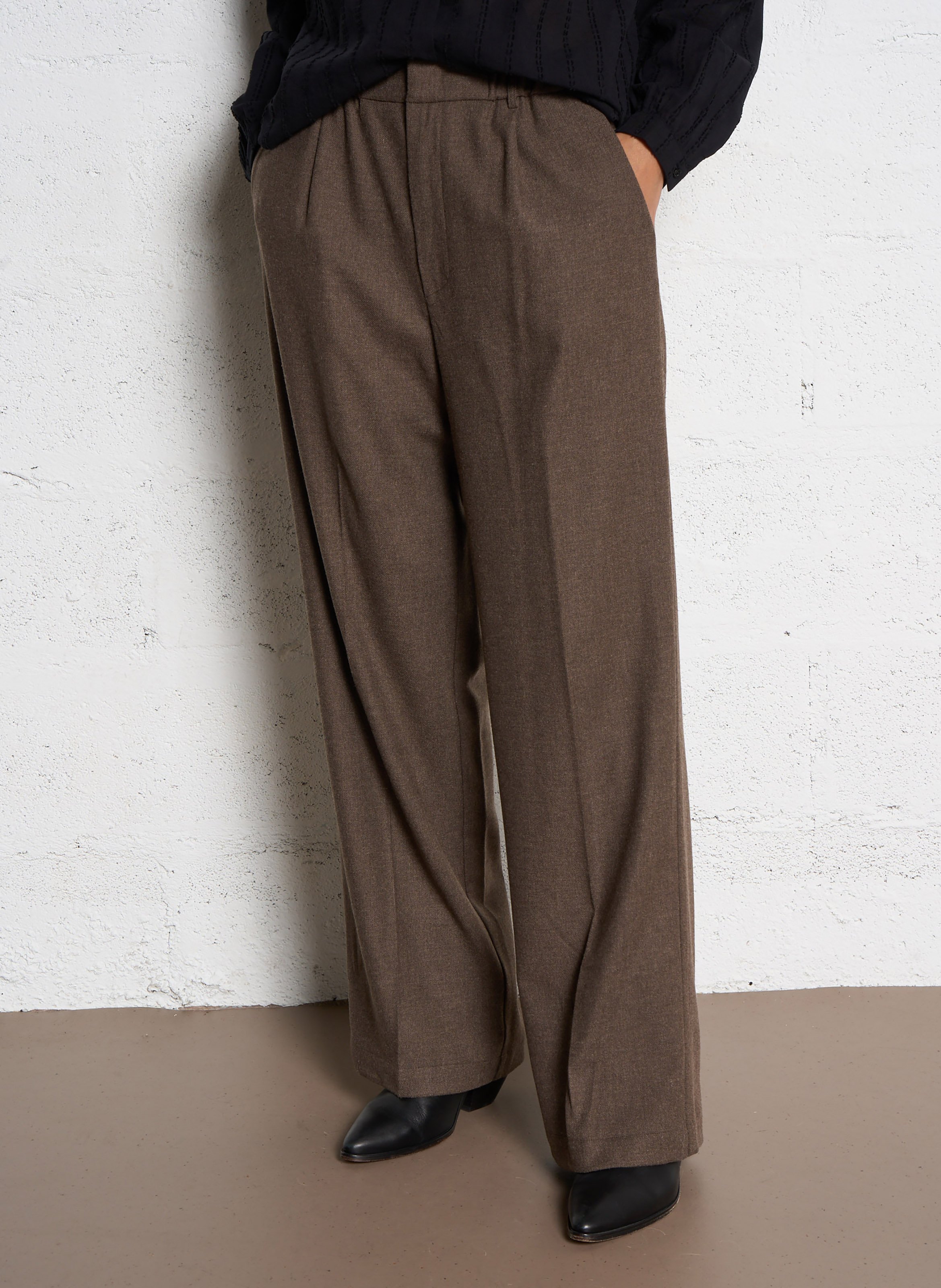 Pantalon taille haute uni à plis POMANDERE Marron