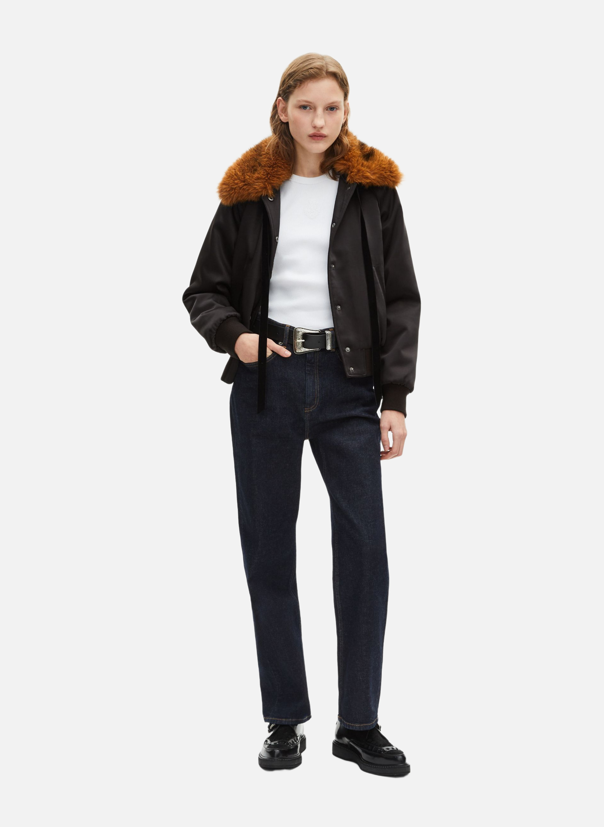 Satin bomber jacket with fur collar THE KOOPLES Black