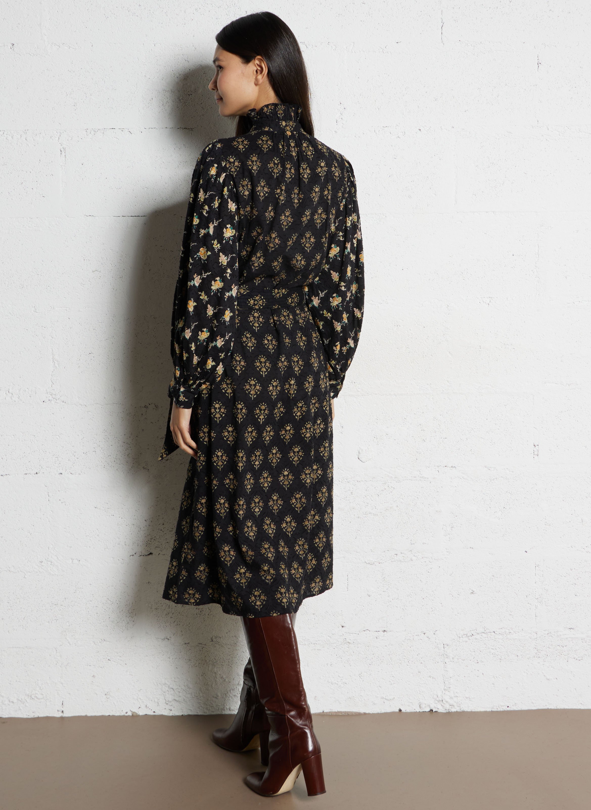 Midi dress with high neck in printed cotton ANTIK BATIK Black