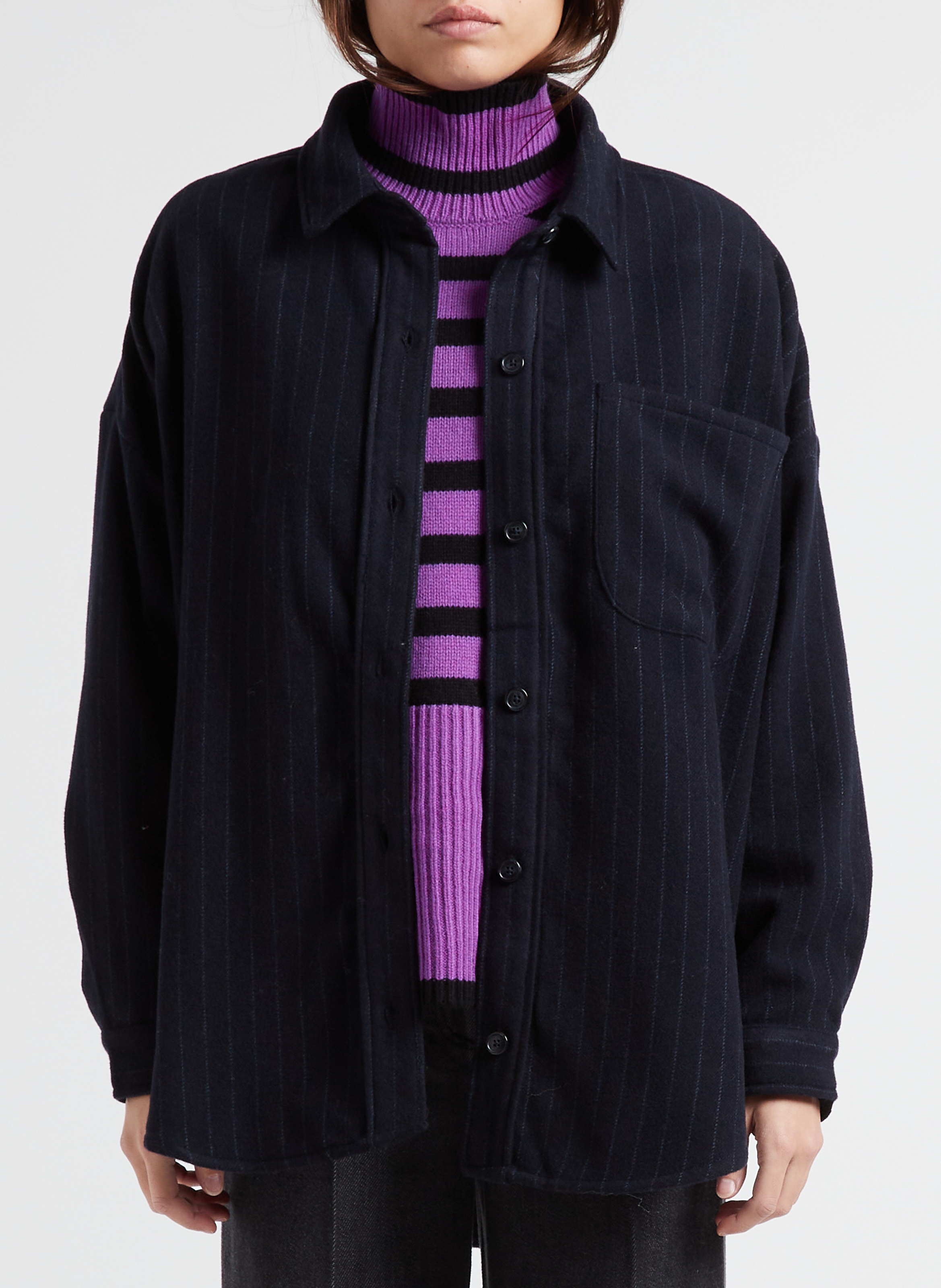 Hemdjacke aus Wollmix mit klassischem Kragen und Streifen BELLEPIECE Blau