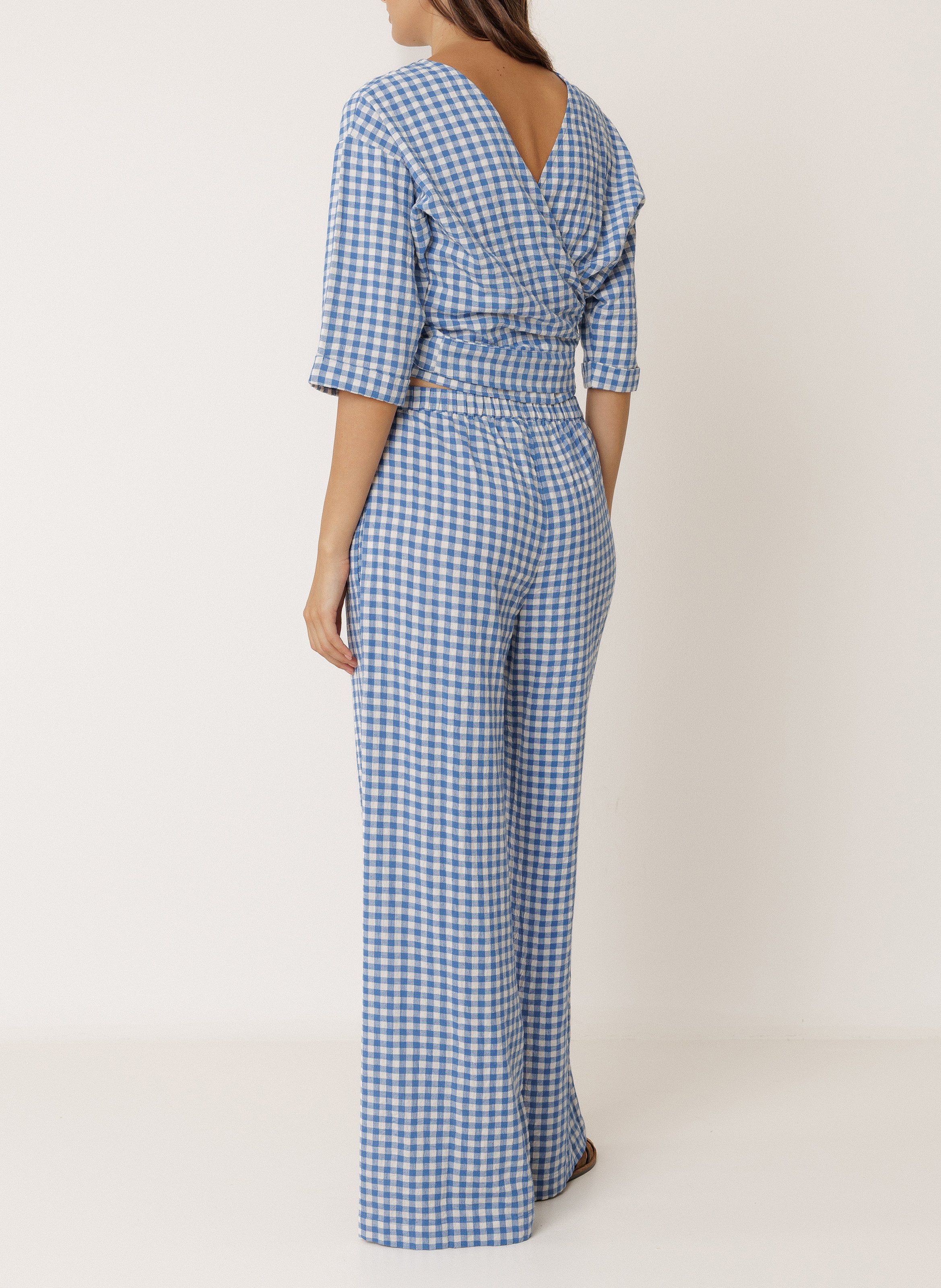 Wide leg cotton checked trousers Blue