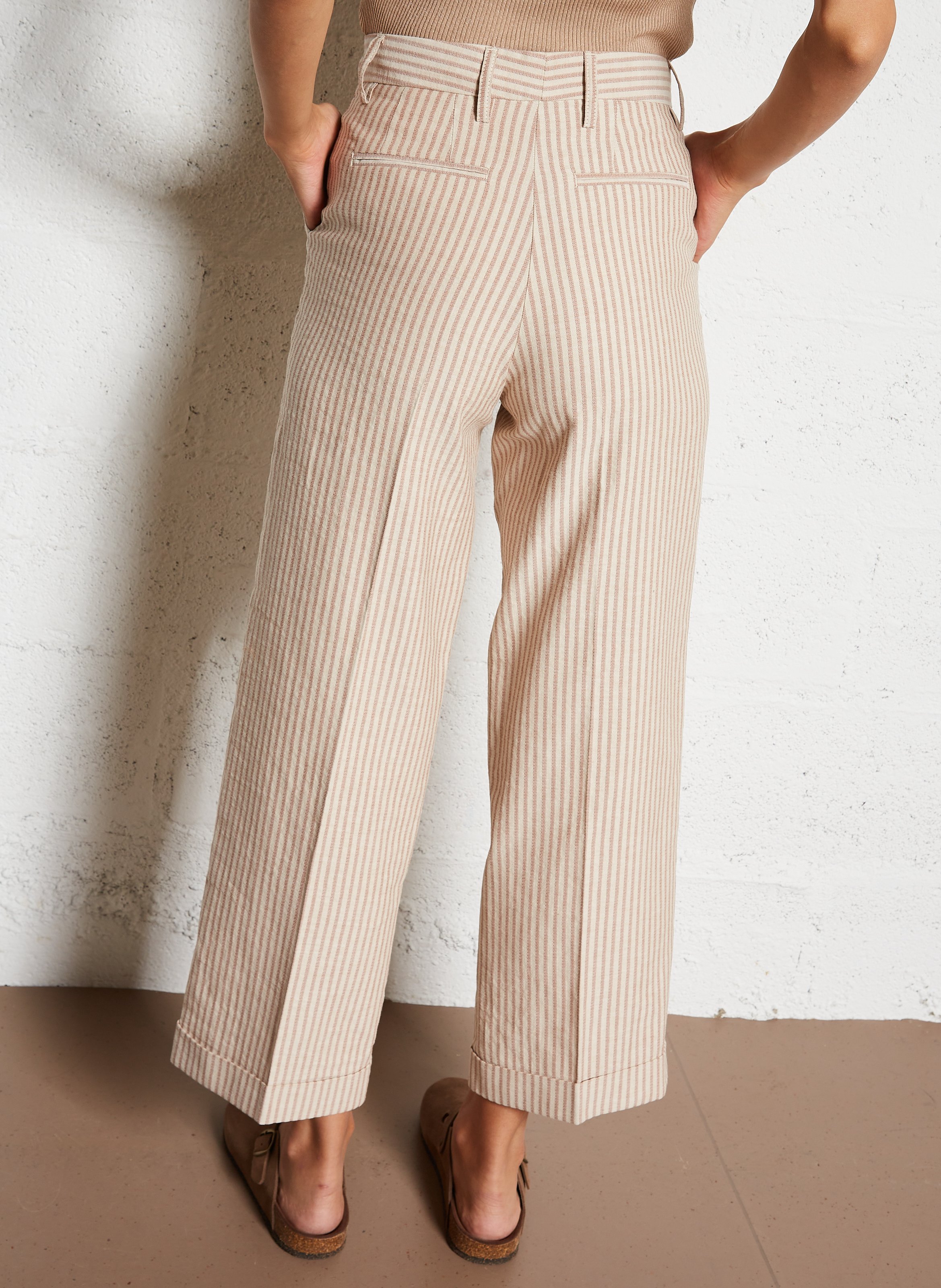 Pantalon rayé en coton et cachemire MOMONI Beige