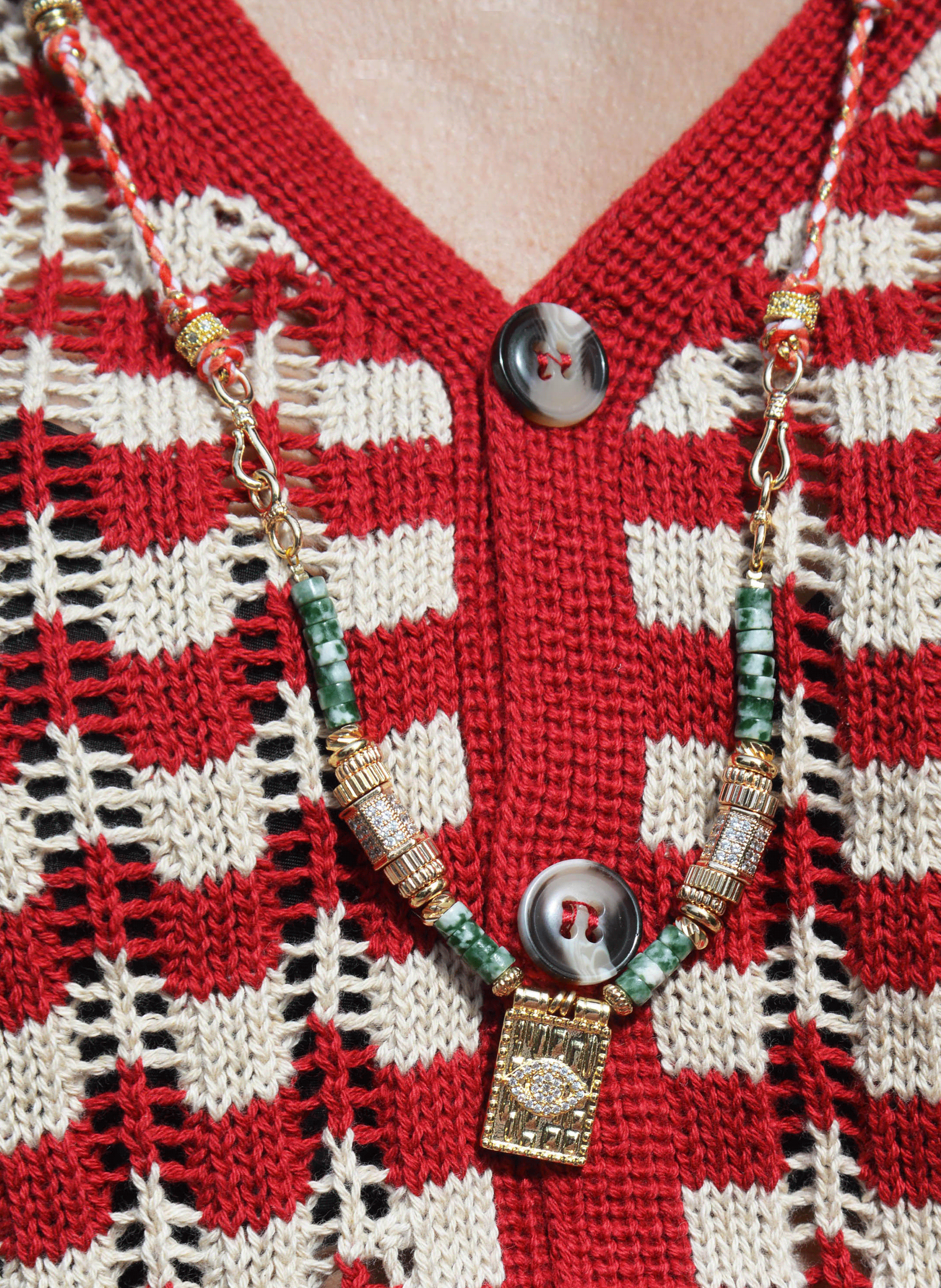 Long necklace with polyester cord and beads HIPANEMA Green