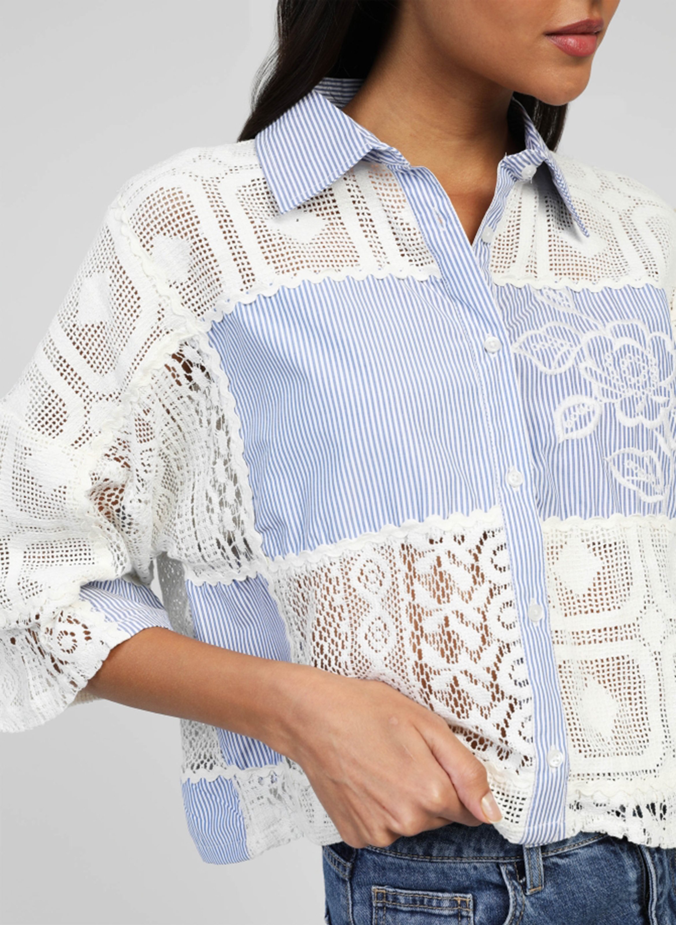 Cotton and linen shirt with classic collar AN'GE Blue