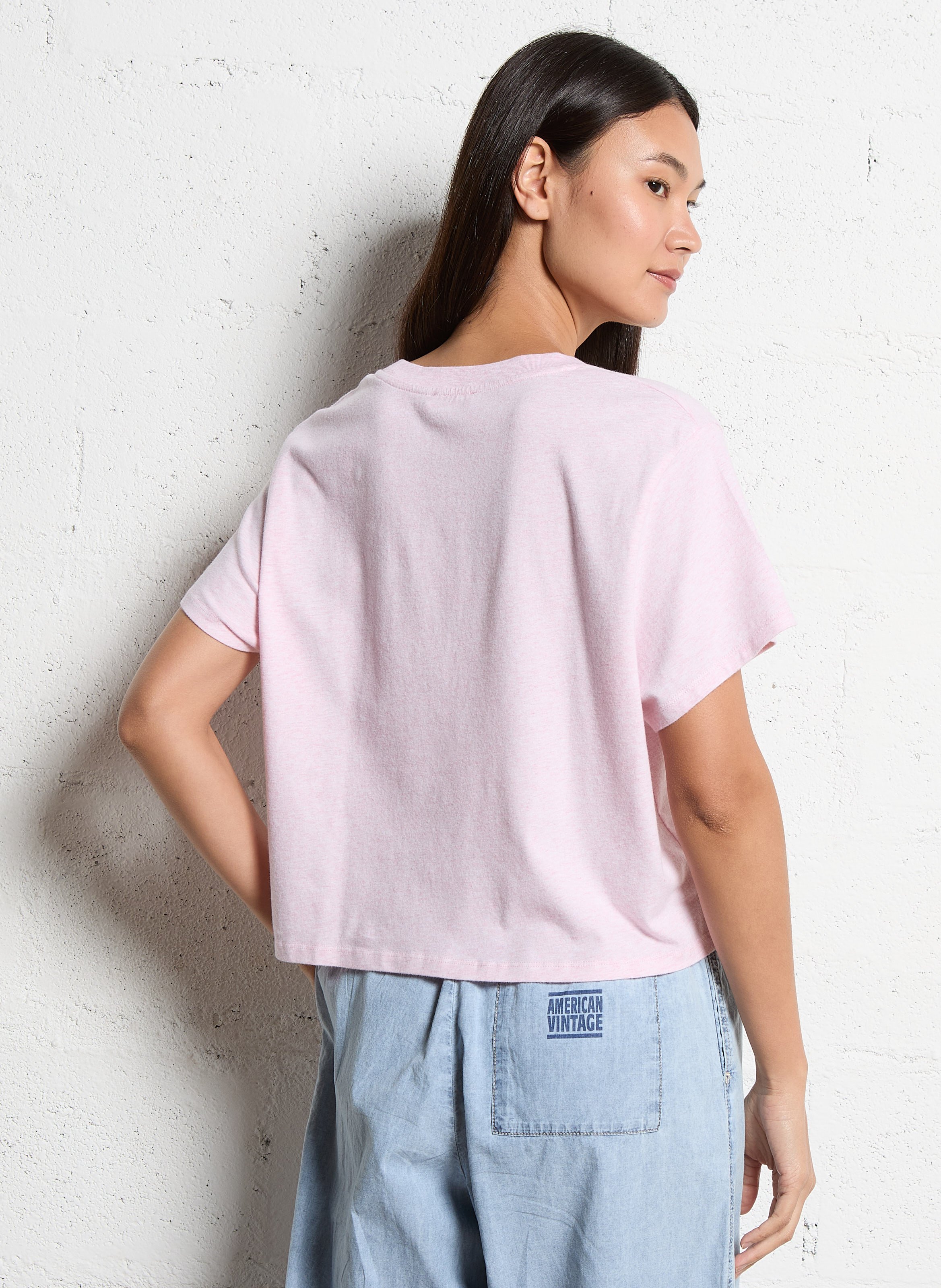 Tee shirt chiné col rond en coton mélangé  Rose