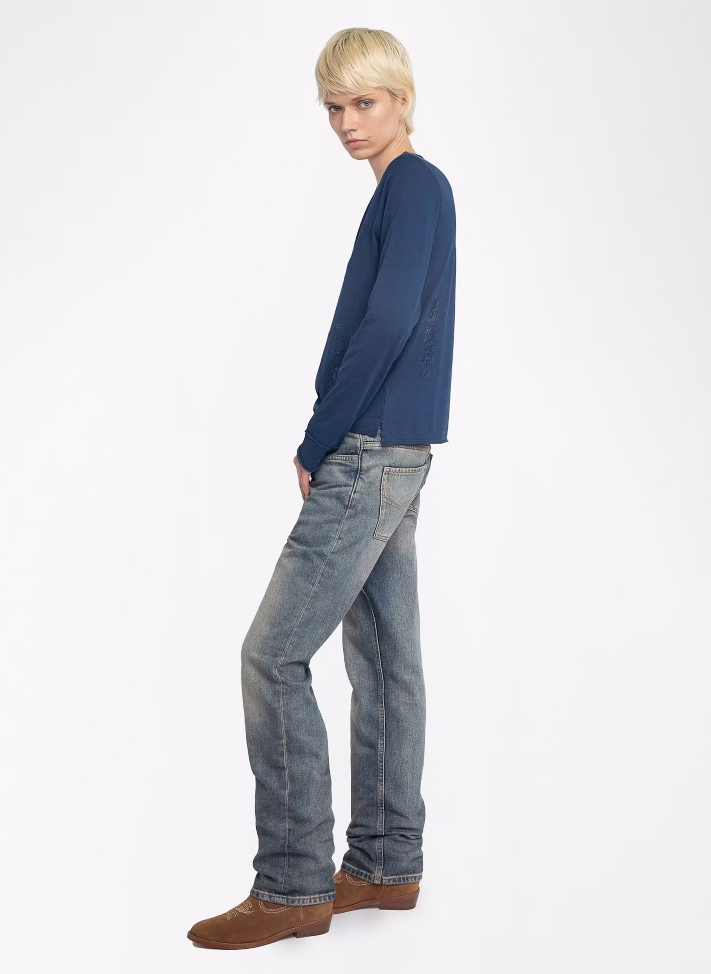 Tee-shirt droit manches longues à strass ZADIG&VOLTAIRE Bleu