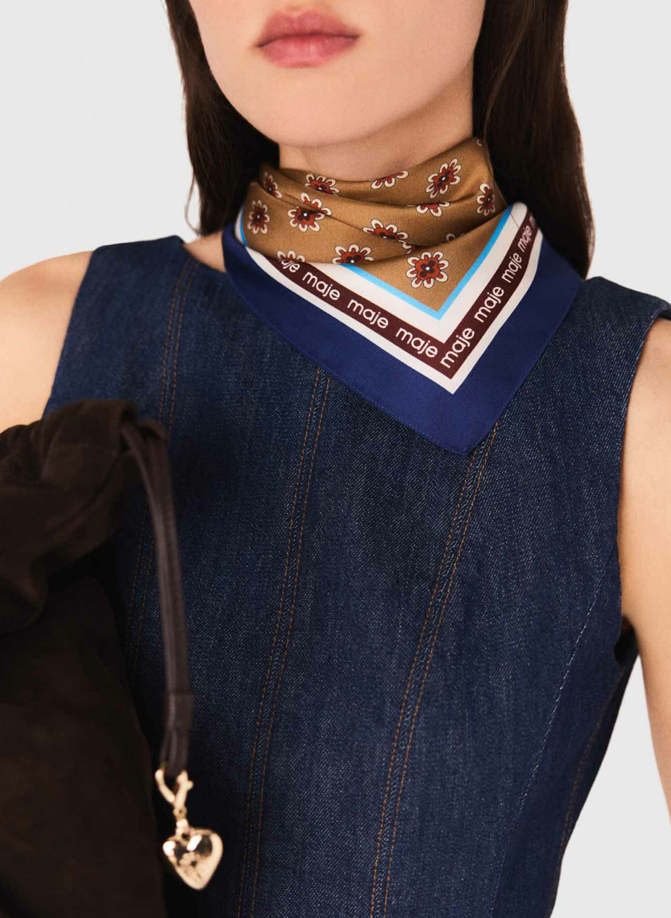 Robe courte col bateau en denim de coton MAJE Bleu