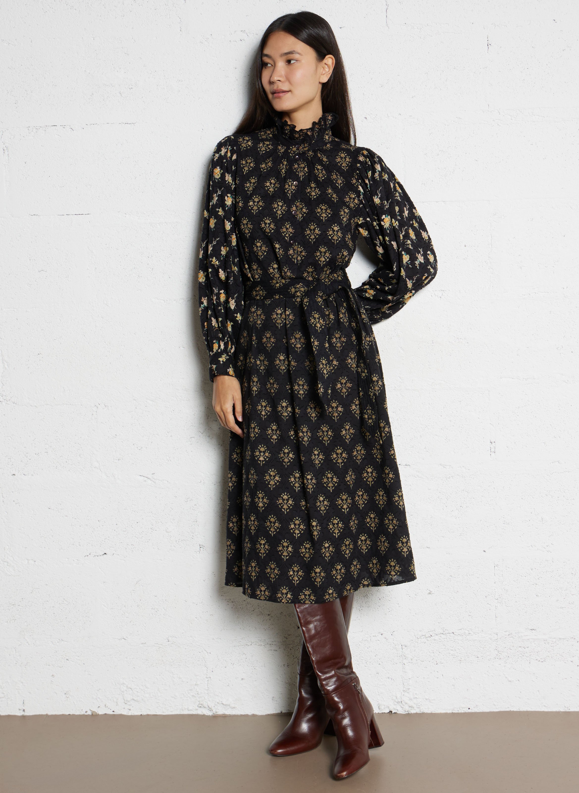 Midi dress with high neck in printed cotton ANTIK BATIK Black