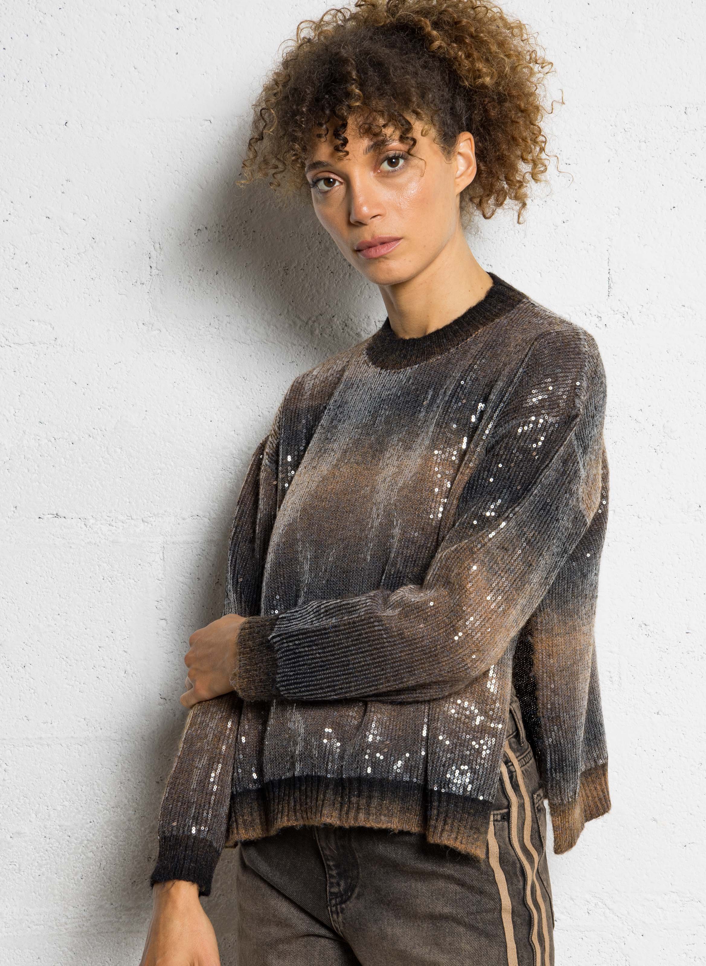 Oversized round neck sweater with sequins LIU JO Brown
