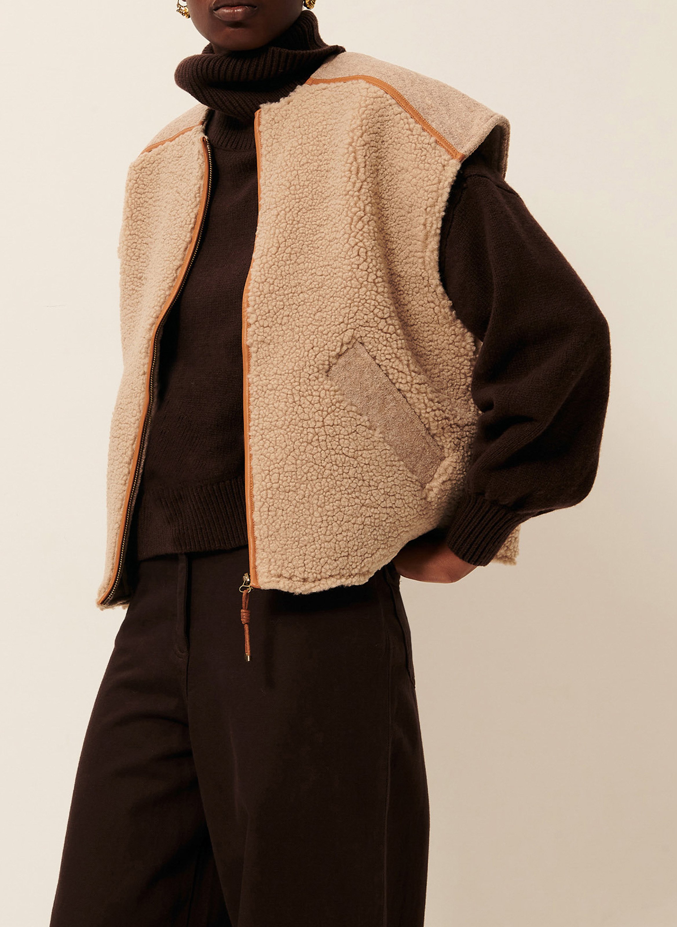 Sleeveless zip-up fur vest SESSUN Beige