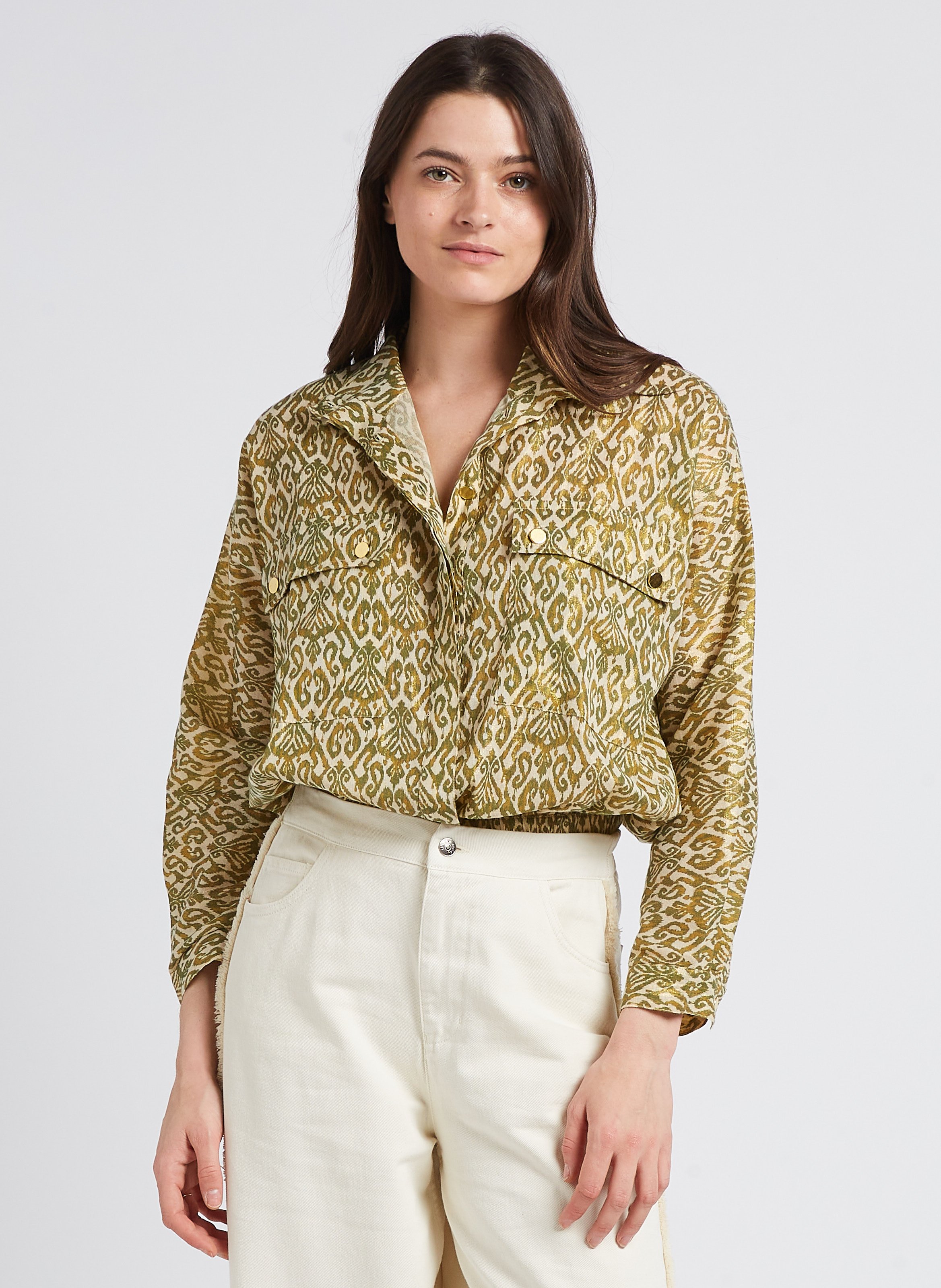 Veste droite imprimée à col montant en coton LA PETITE ETOILE Kaki