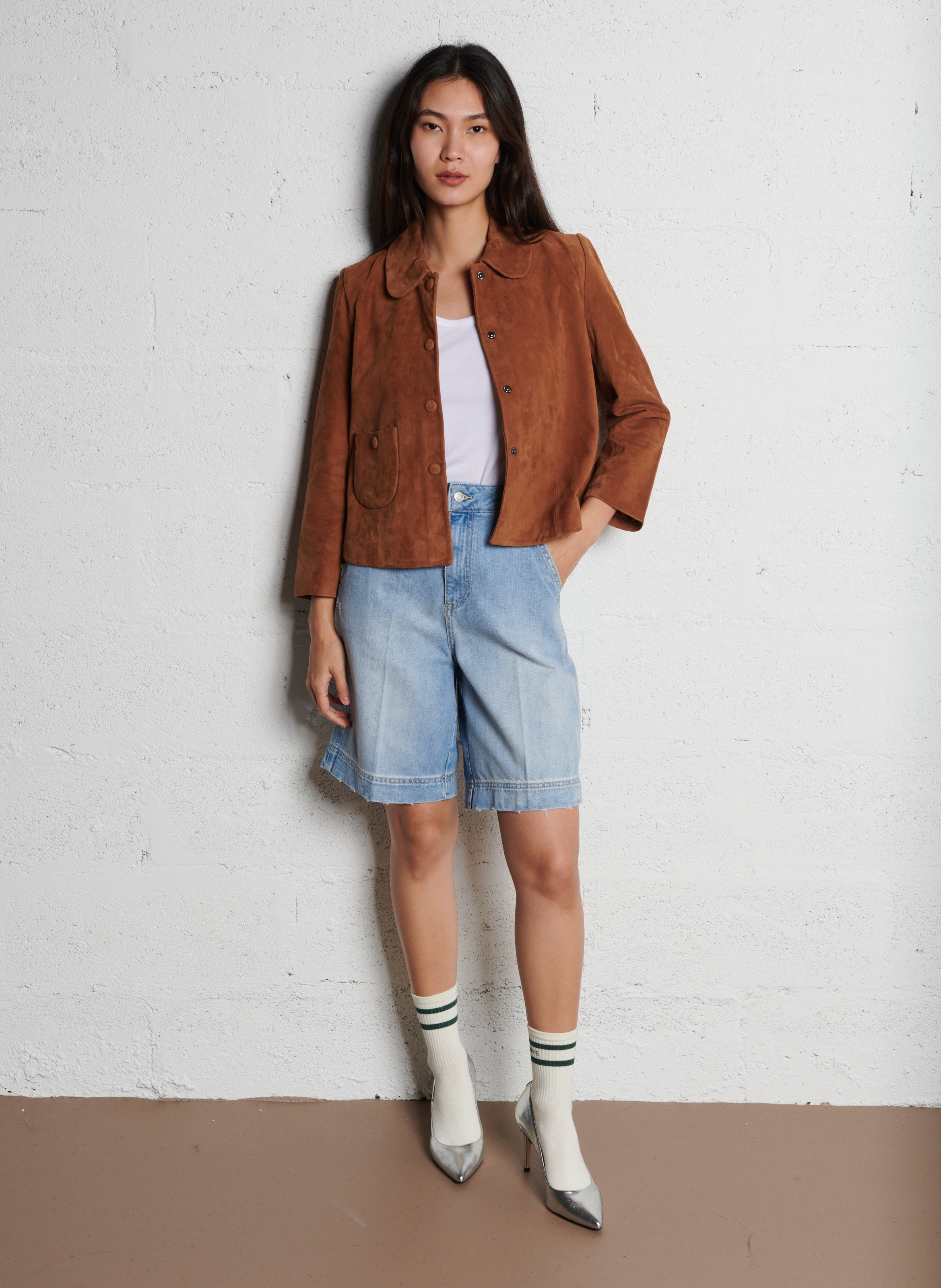 Veste courte en cuir velours BA&SH Marron