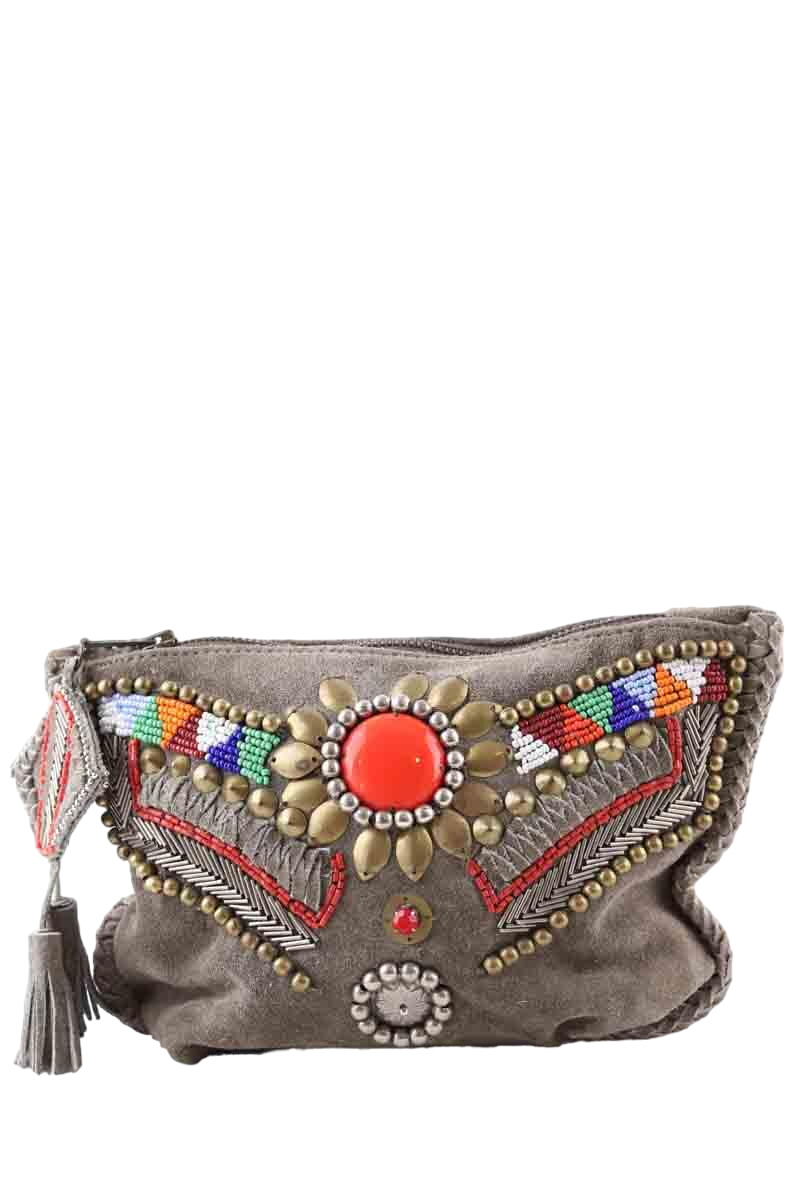 Suede clutch bag ANTIK BATIK - Seconde Main Khaki