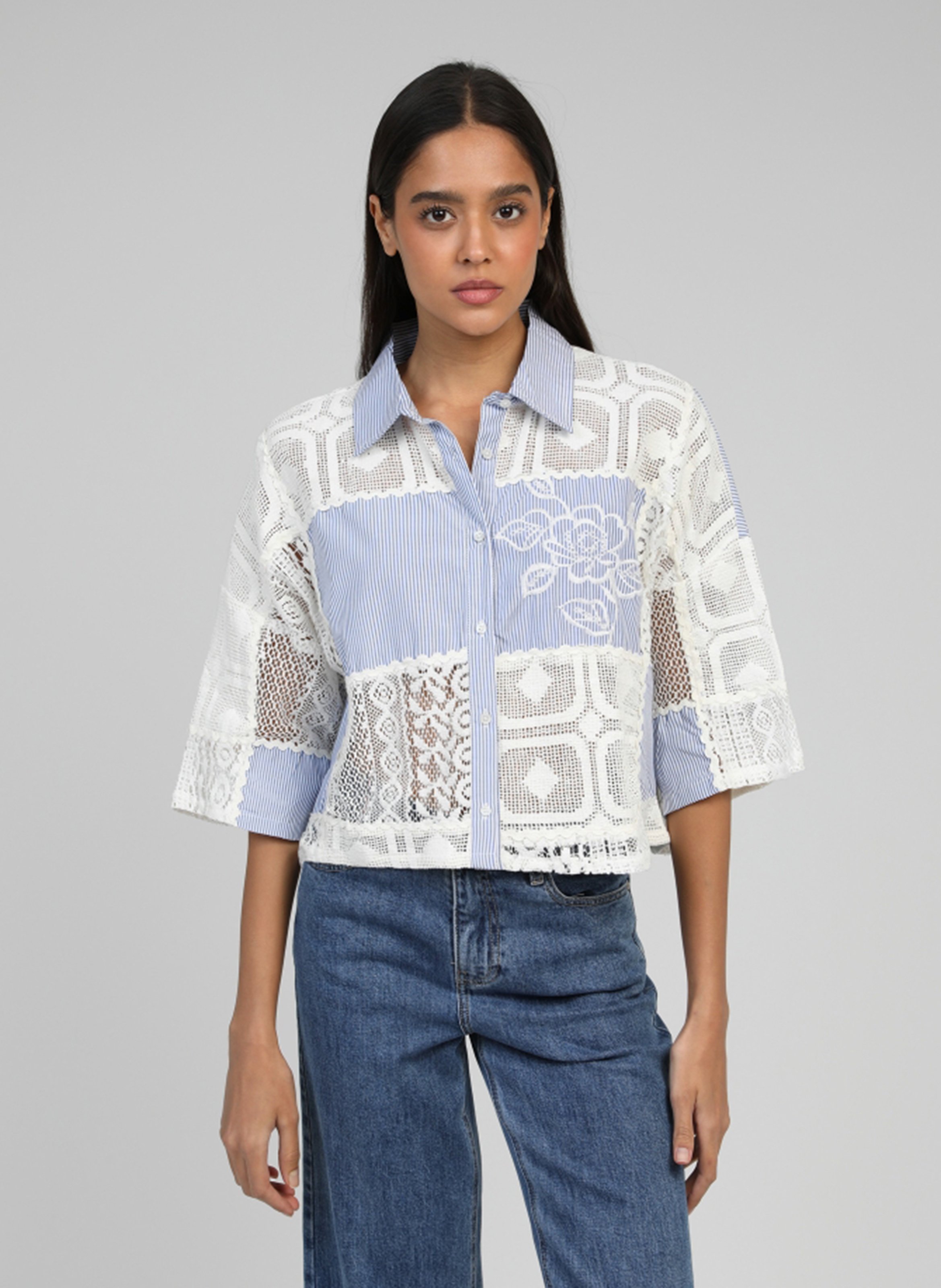 Cotton and linen shirt with classic collar AN'GE Blue