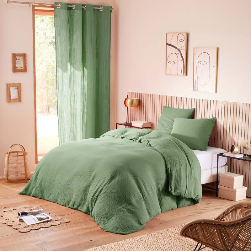 "Noah" Cotton Gauze Duvet Set 260 x 240 for King Size Bed 160 to 180 cm COTON PUR Green