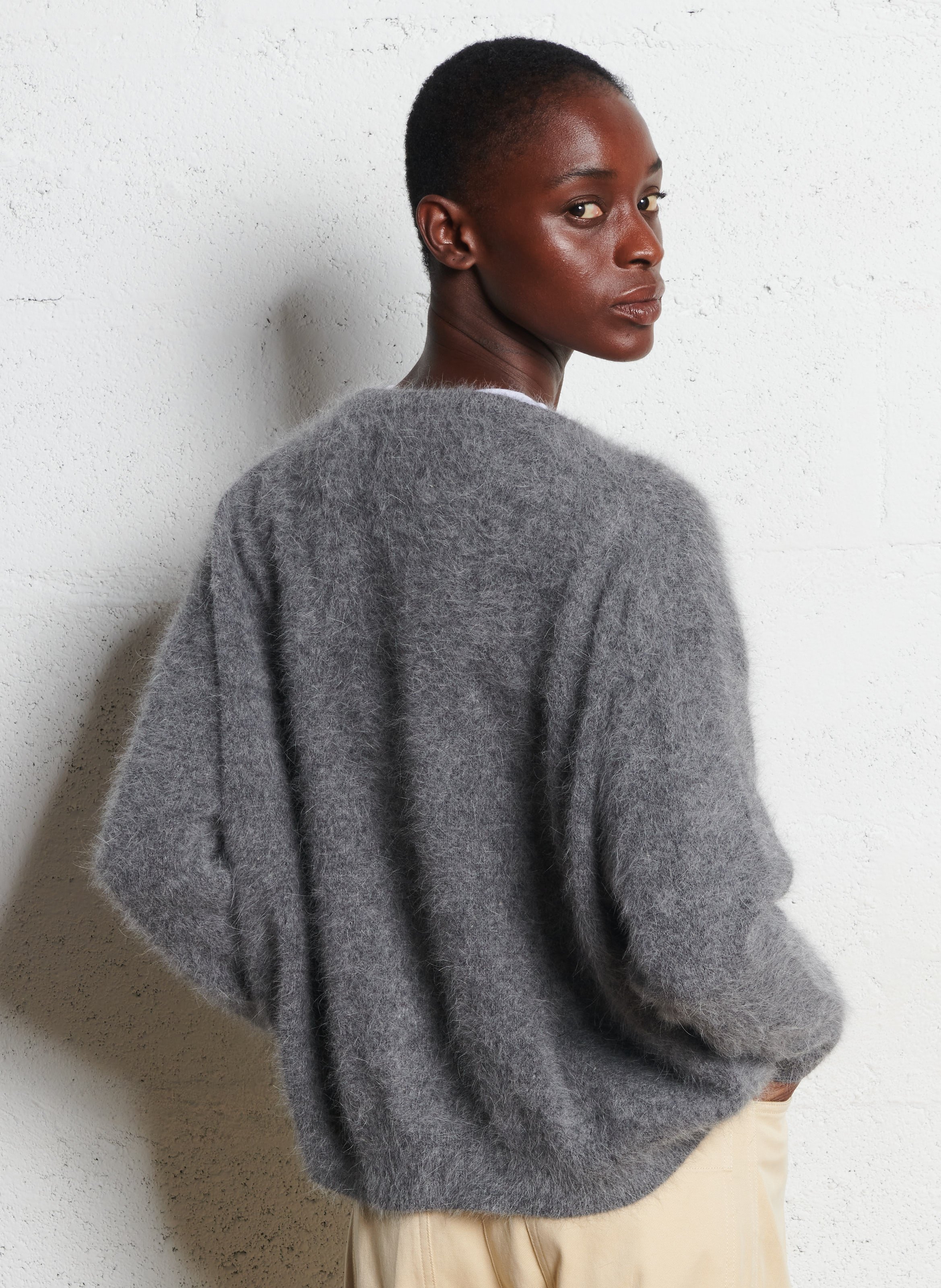 Round-neck mixed-knit cardigan BELLEROSE Grey