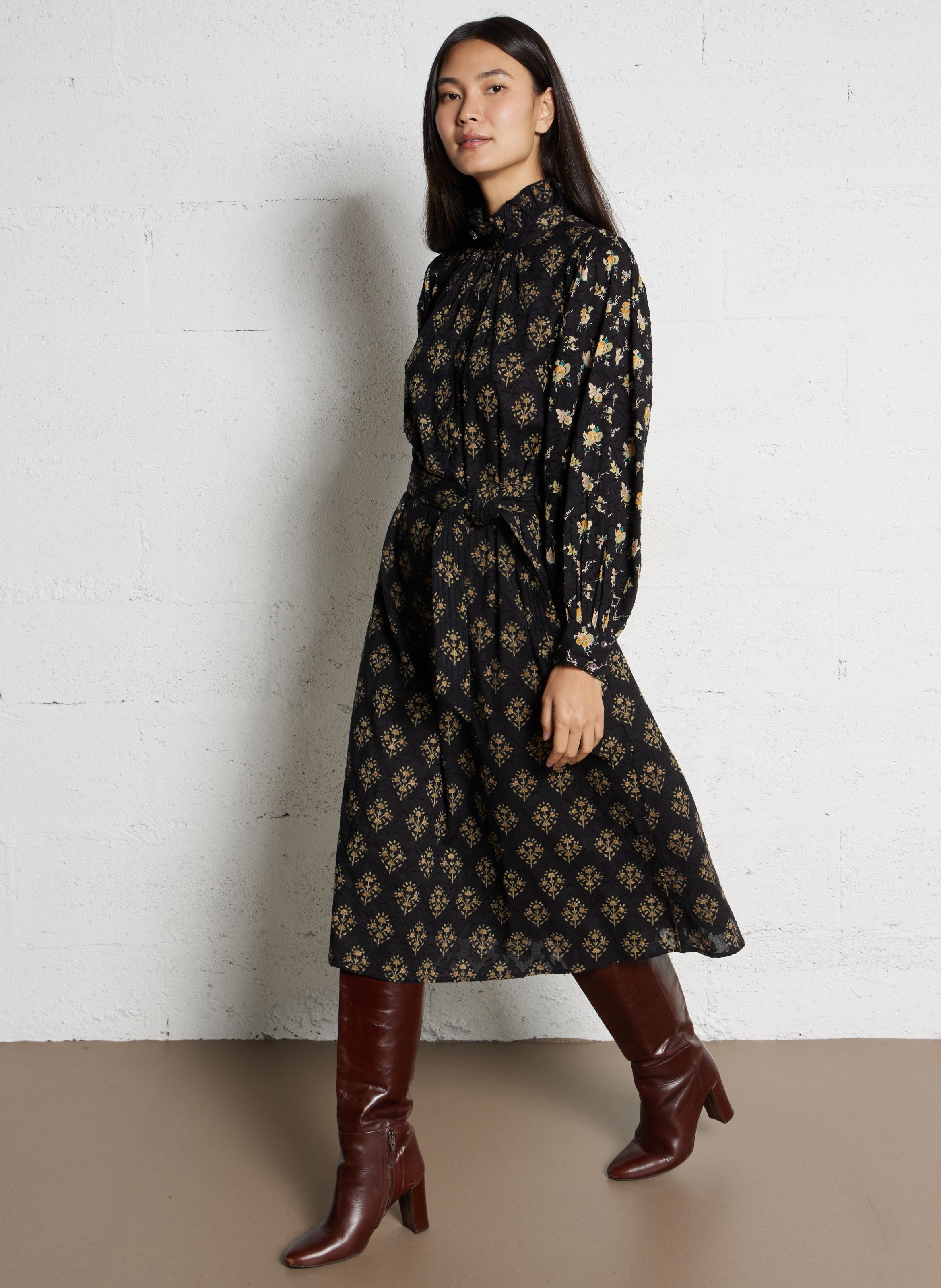 Midi dress with high neck in printed cotton ANTIK BATIK Black