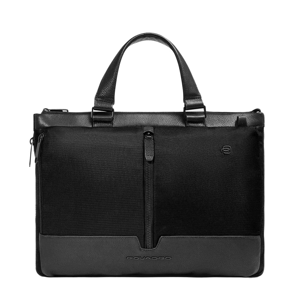 Computer bag in recycled fabric and leather with compartment for iPad® and RFID anti-fraud feature PIQUADRO Black