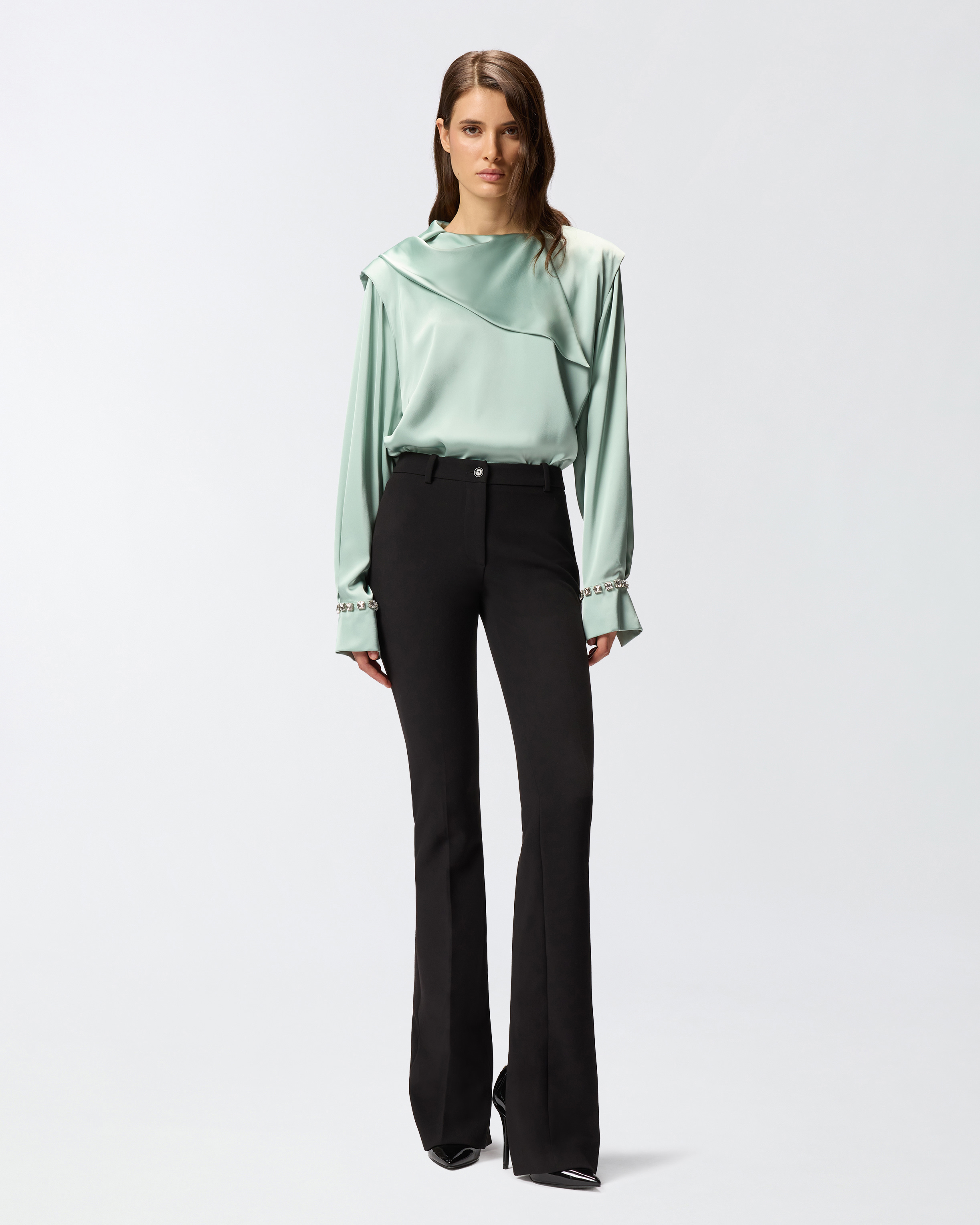 Blouse with draped collar and jewel details PINKO Grey