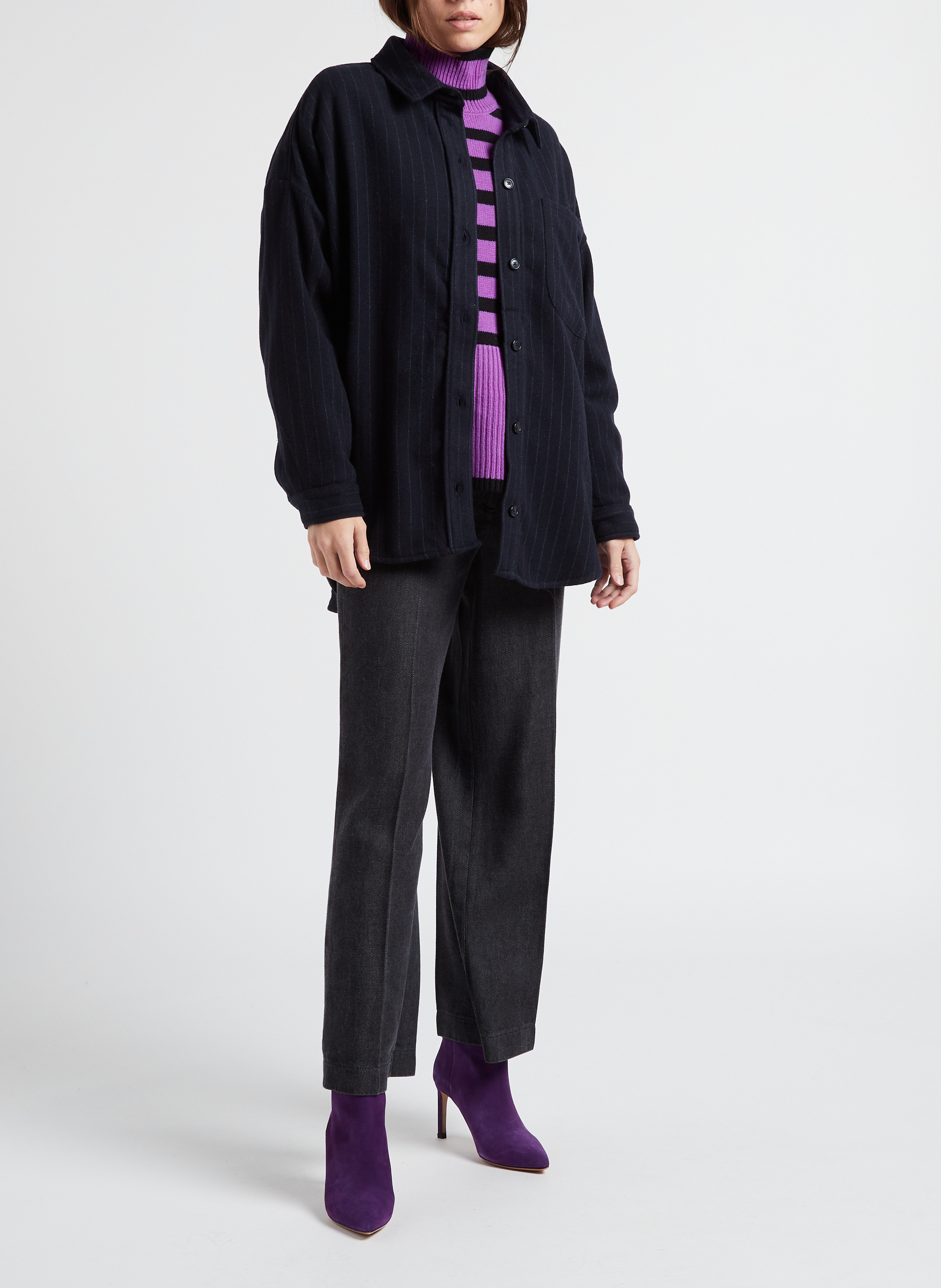 Hemdjacke aus Wollmix mit klassischem Kragen und Streifen BELLEPIECE Blau