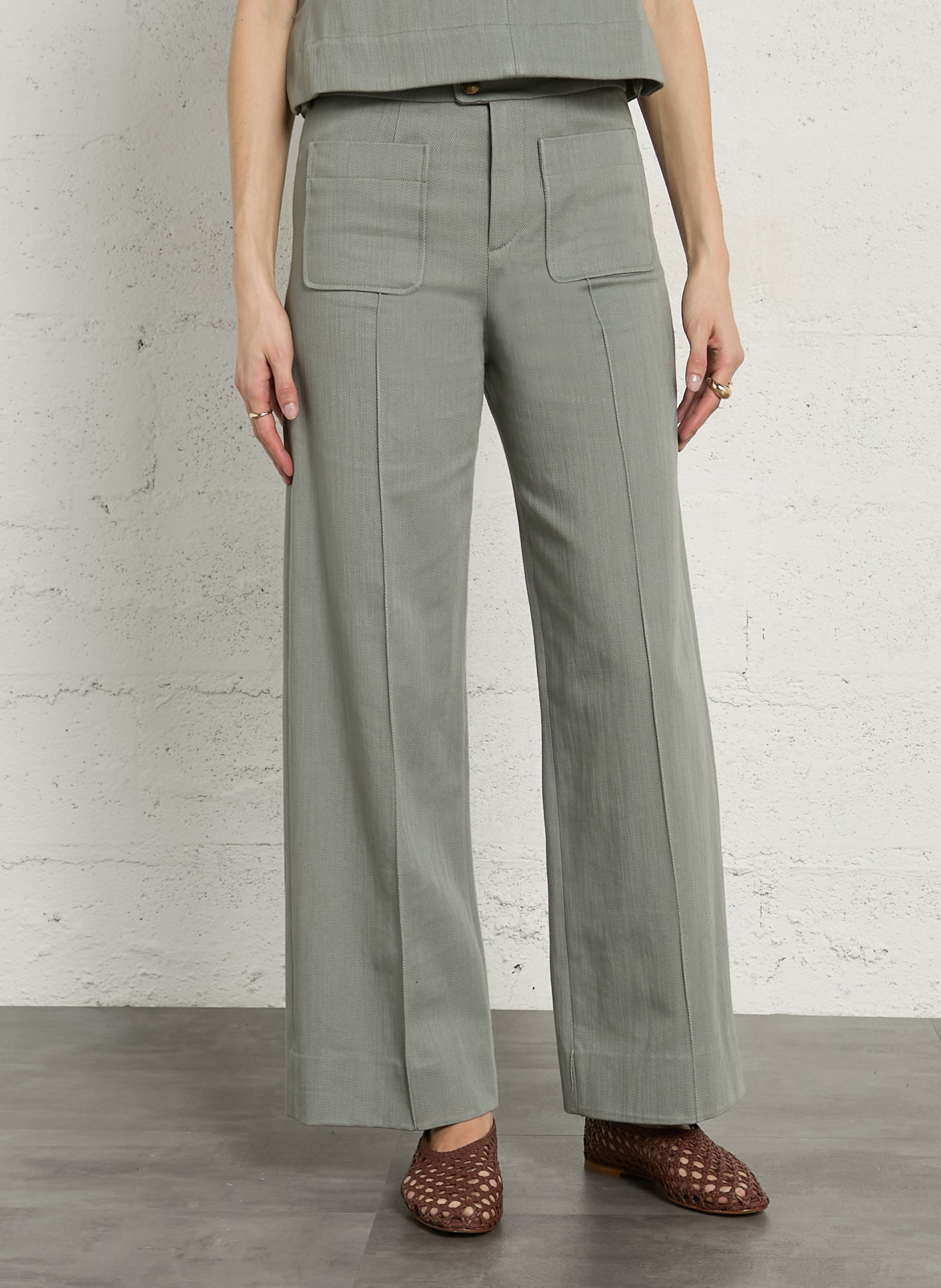 High-waisted wide-leg cotton twill pants SOEUR Green