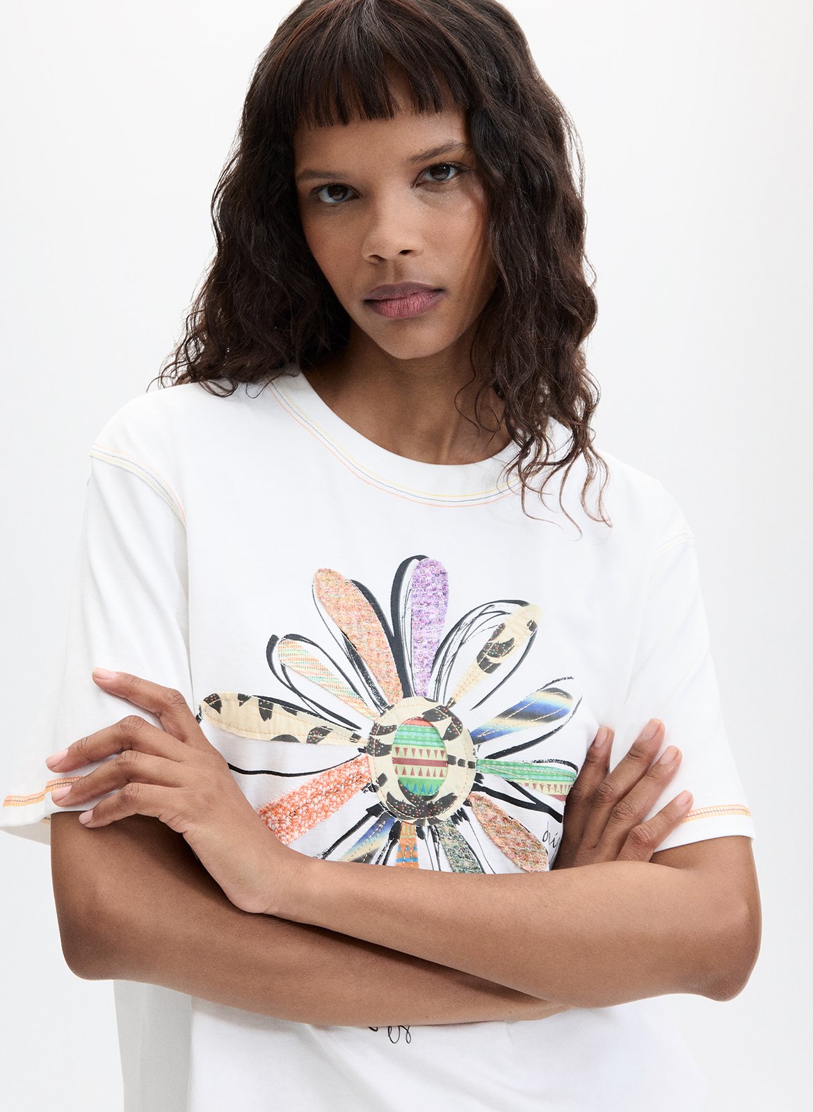 Tee-shirt oversize col rond en coton sérigraphié DESIGUAL Blanc