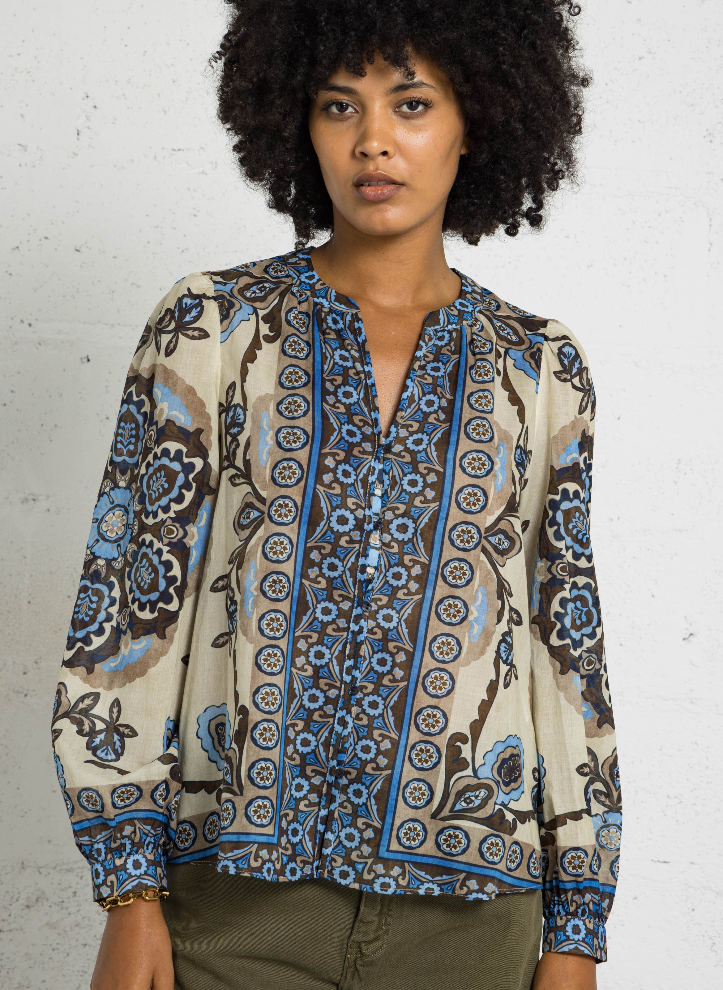 Straight blouse with cotton patterns SUD EXPRESS Blue