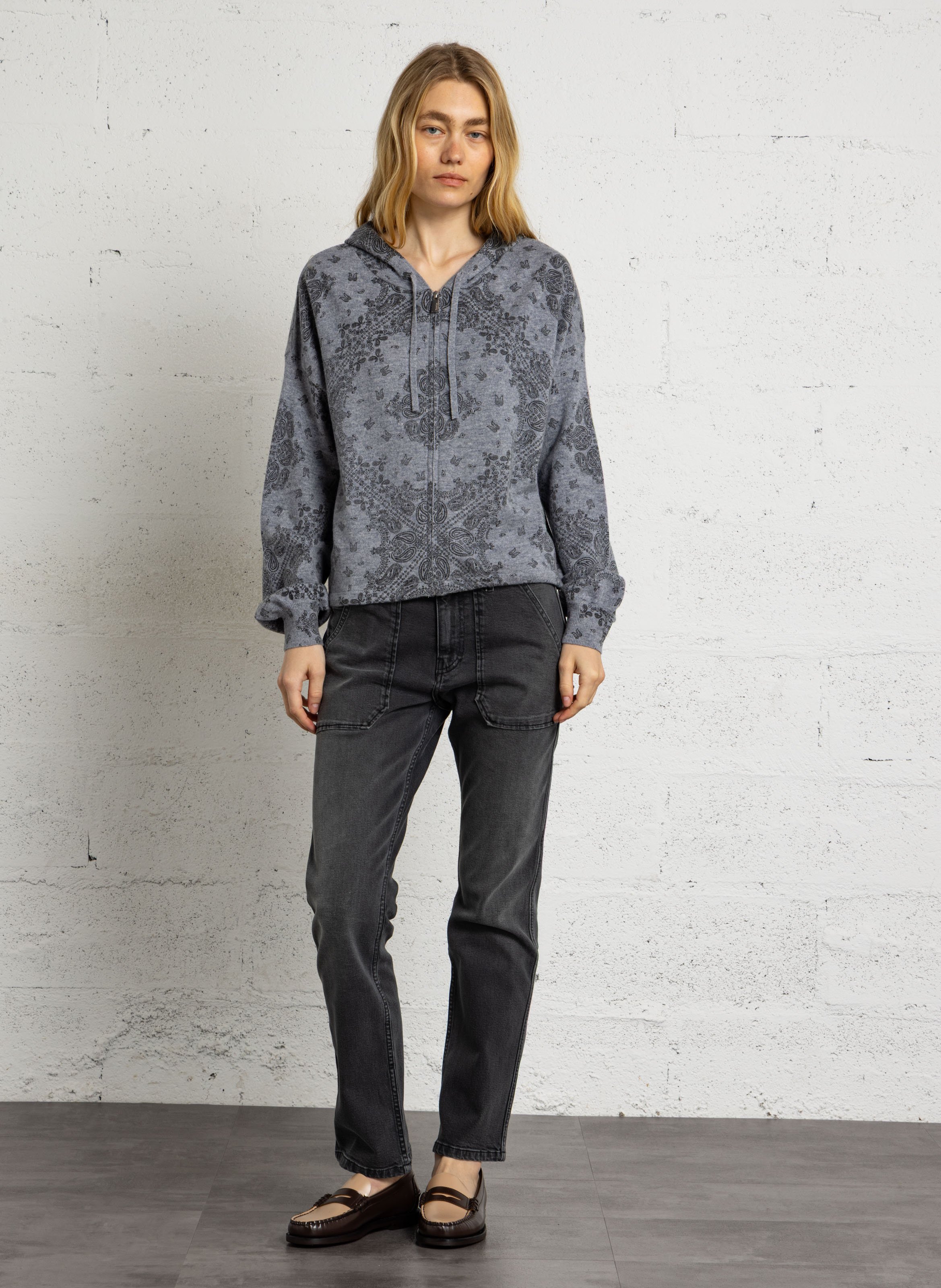 Hooded cardigan with bandana print BERENICE Grey