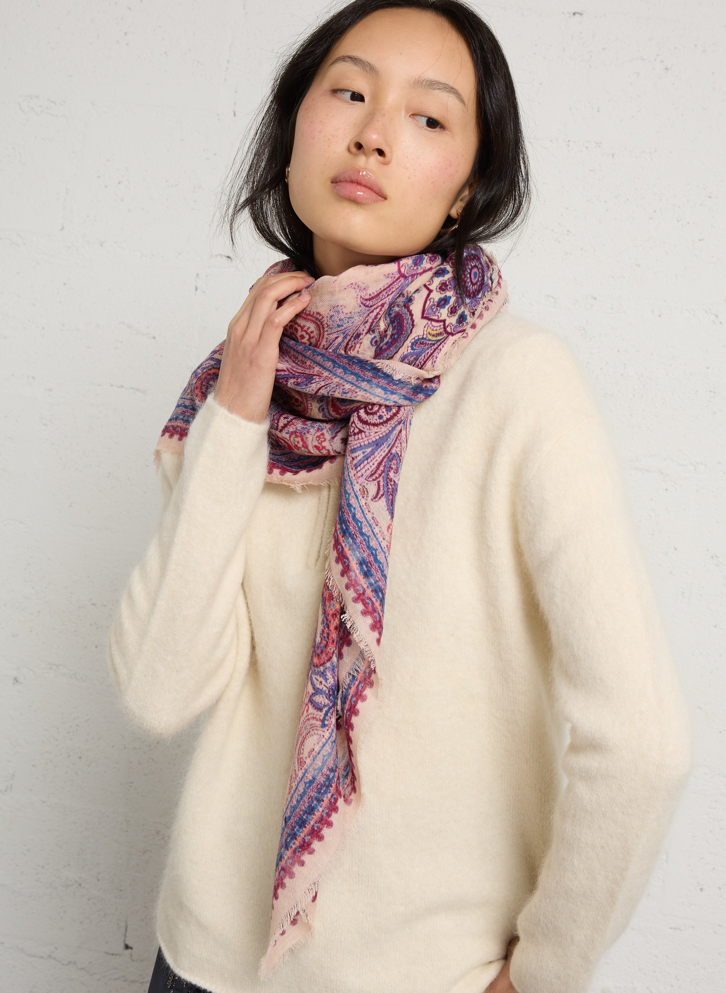 Foulard carré imprimé en laine et soie SUD EXPRESS Violet