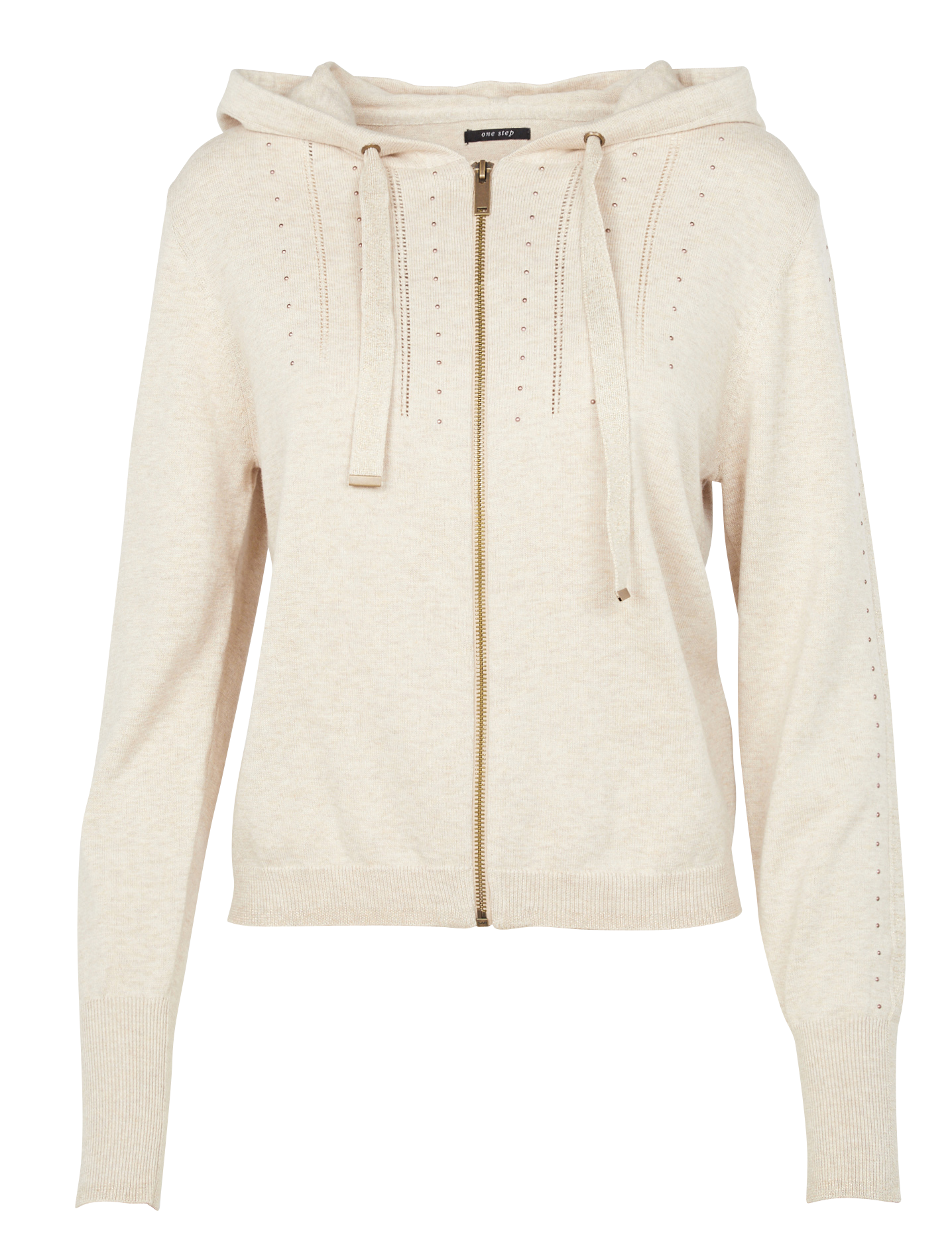 Studded zip-up organic cotton cardigan with hood ONE STEP Beige