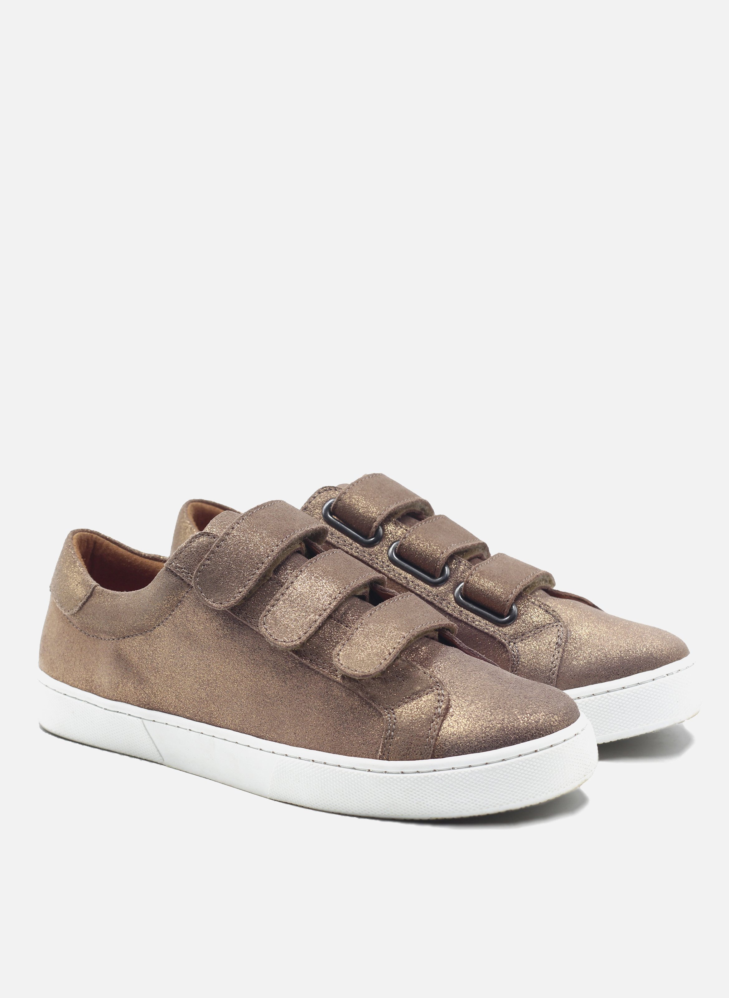 Metallic leather Velcro trainers Brown