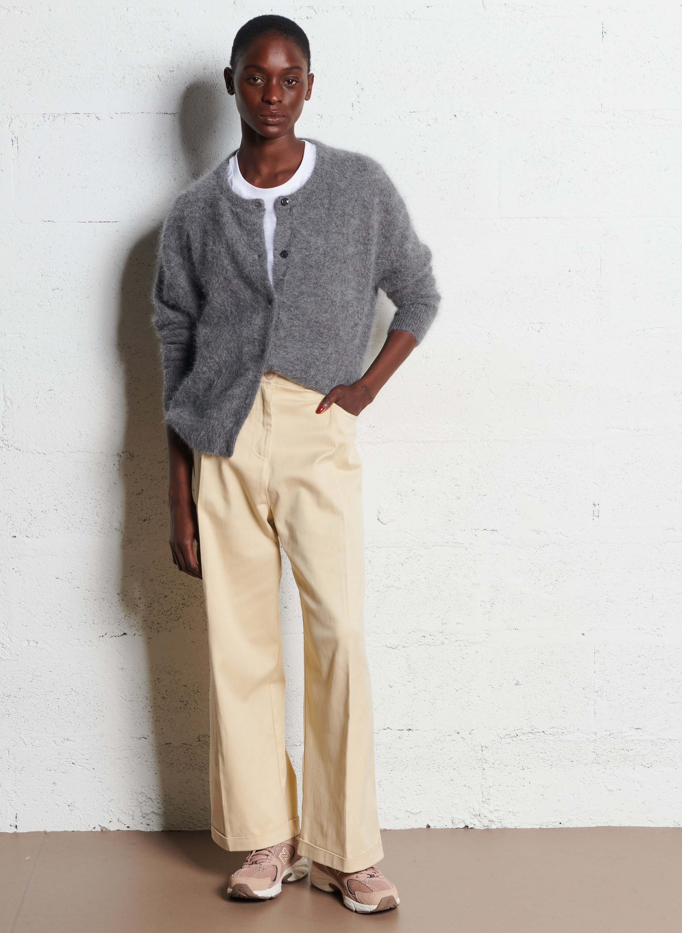Round-neck mixed-knit cardigan BELLEROSE Grey