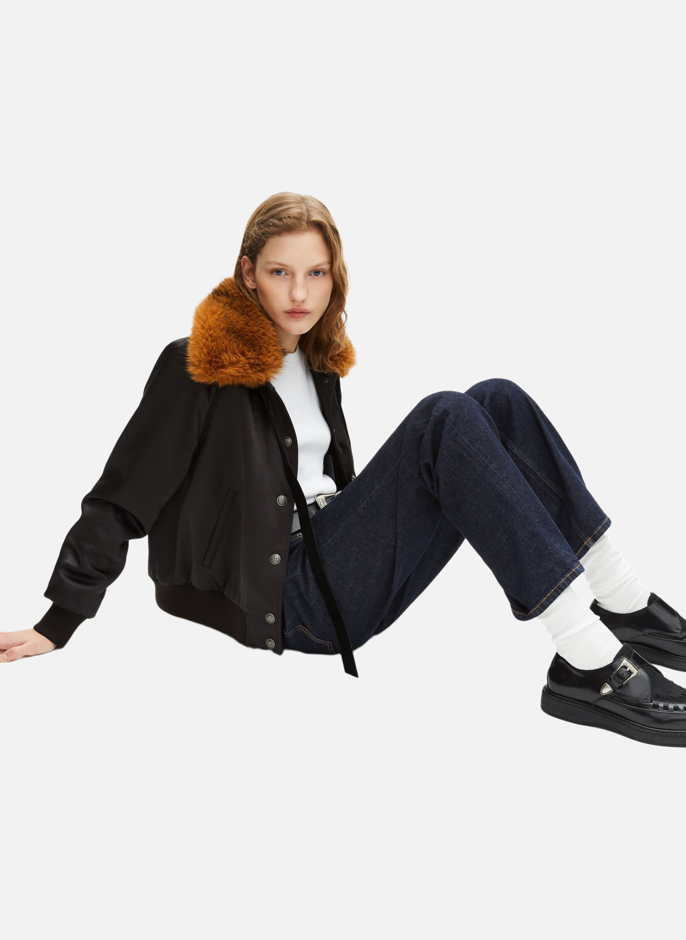 Satin bomber jacket with fur collar THE KOOPLES Black