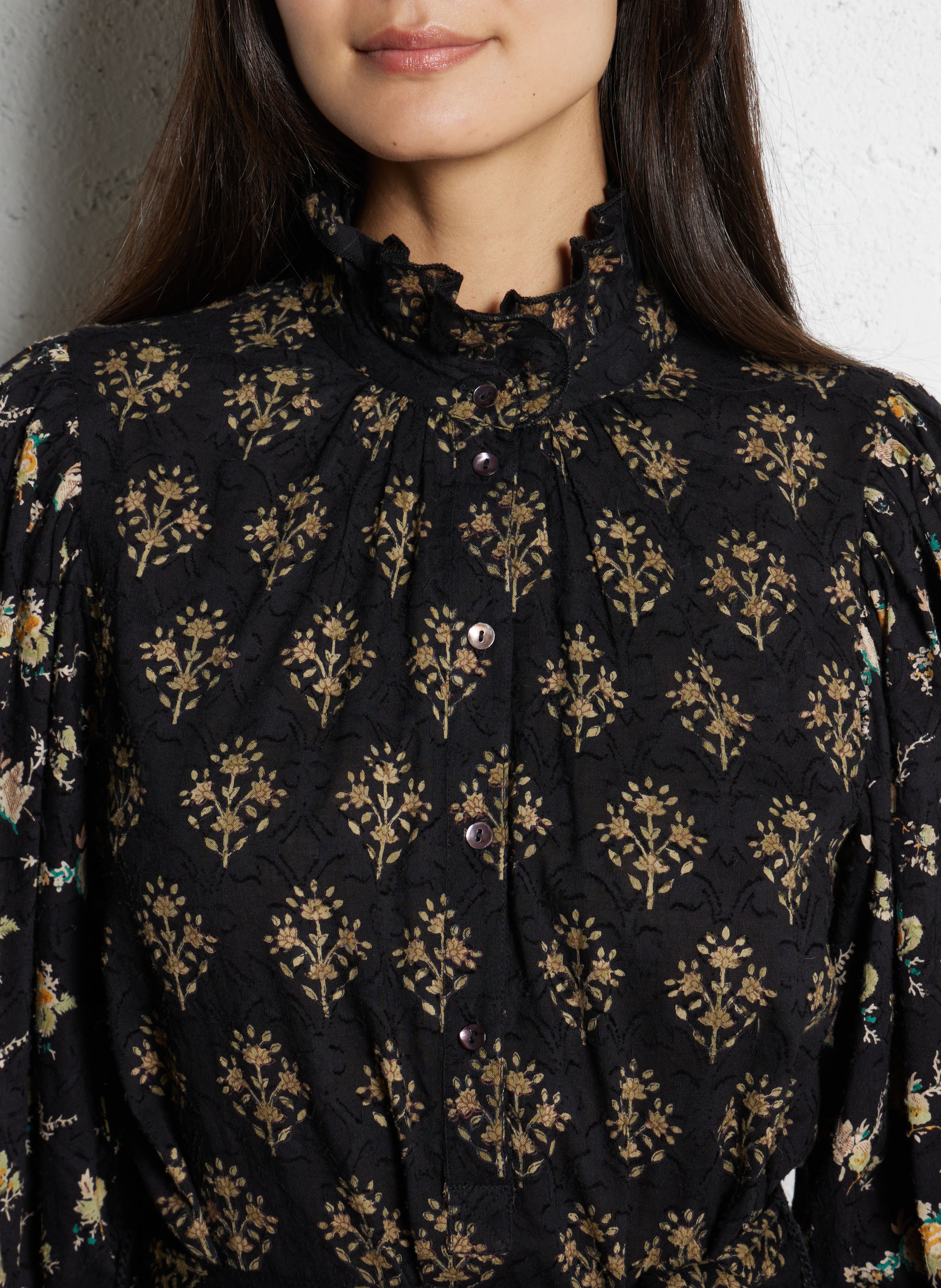 Midi dress with high neck in printed cotton ANTIK BATIK Black