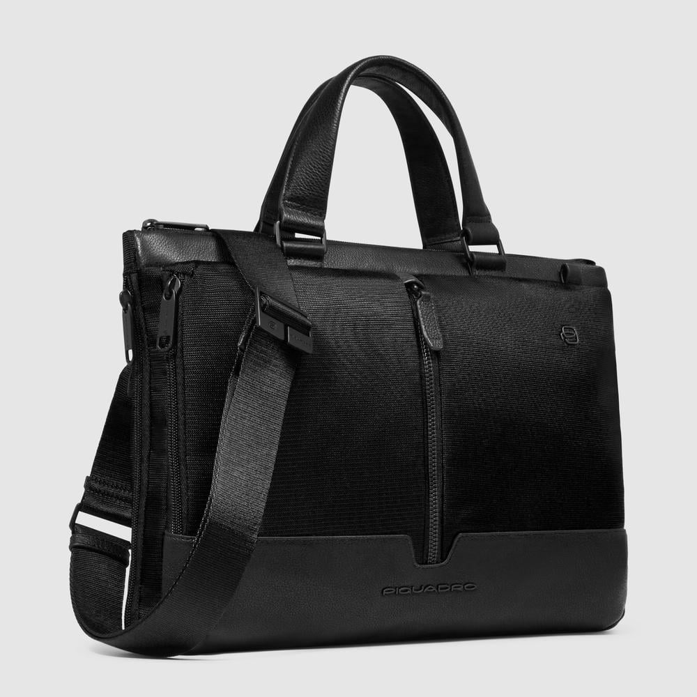 Computer bag in recycled fabric and leather with compartment for iPad® and RFID anti-fraud feature PIQUADRO Black