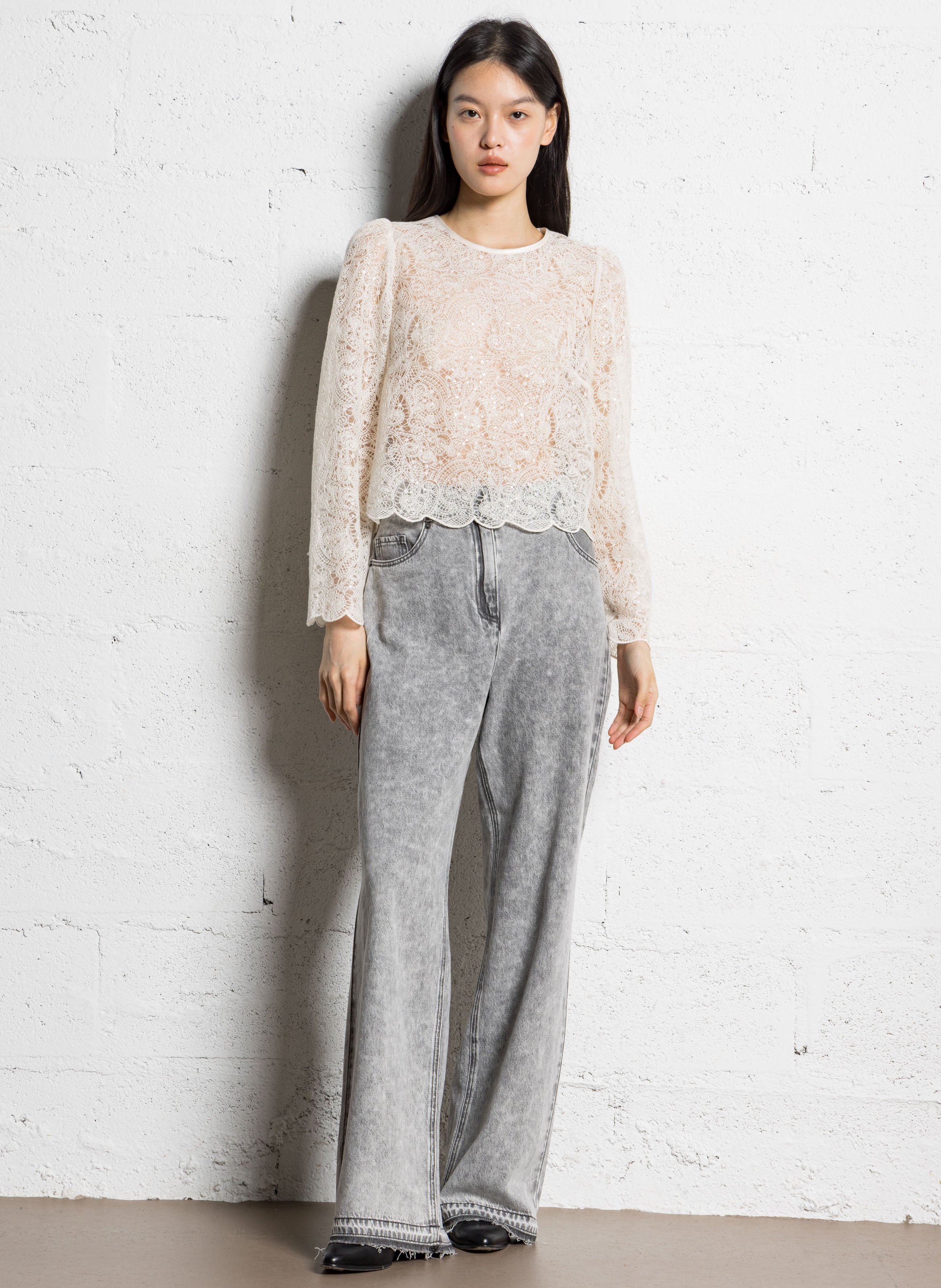 Straight round-neck lace top IKKS White