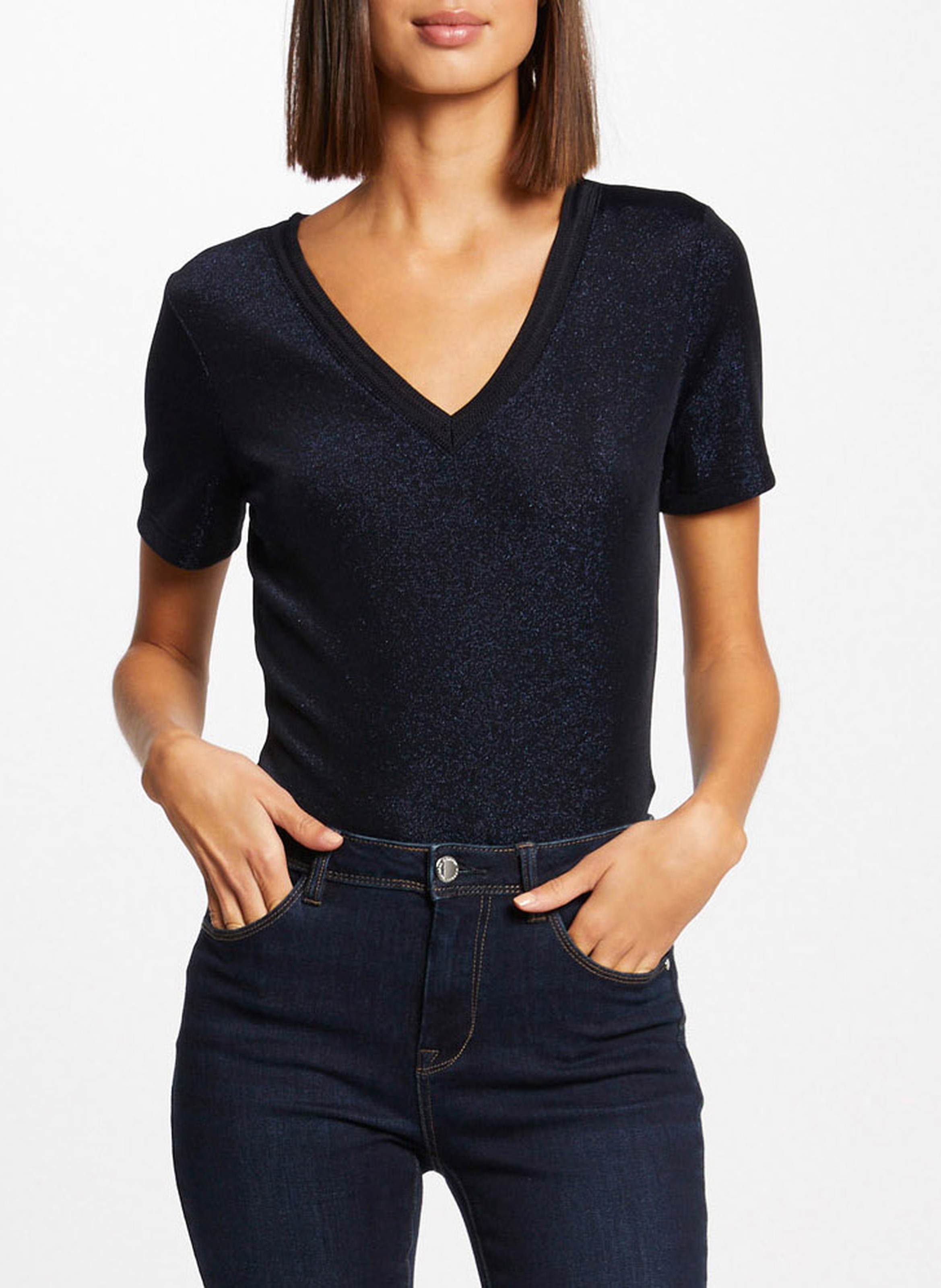 T-Shirt mit V-Ausschnitt und Metallic-Effekt MORGAN Blau